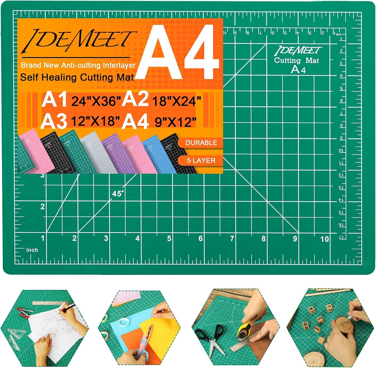 Density-upgraded 9″x12″ Self Healing Cutting Mat, Idemeet Rotary Sewing Mat for Crafts, 5-Ply Blade Table Protector Cut Board for Fabric Leather Cutting Quilting Modeling Hobby Project, A4, Green