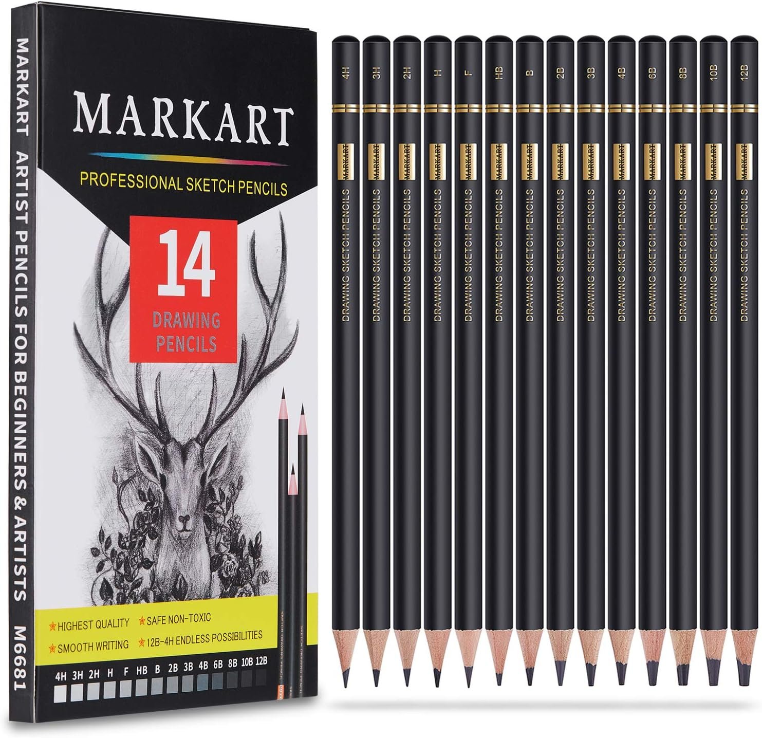 MARKART Drawing Sketching Pencils Set, 14 Pieces, Graphite Pencil(12B – 4H)