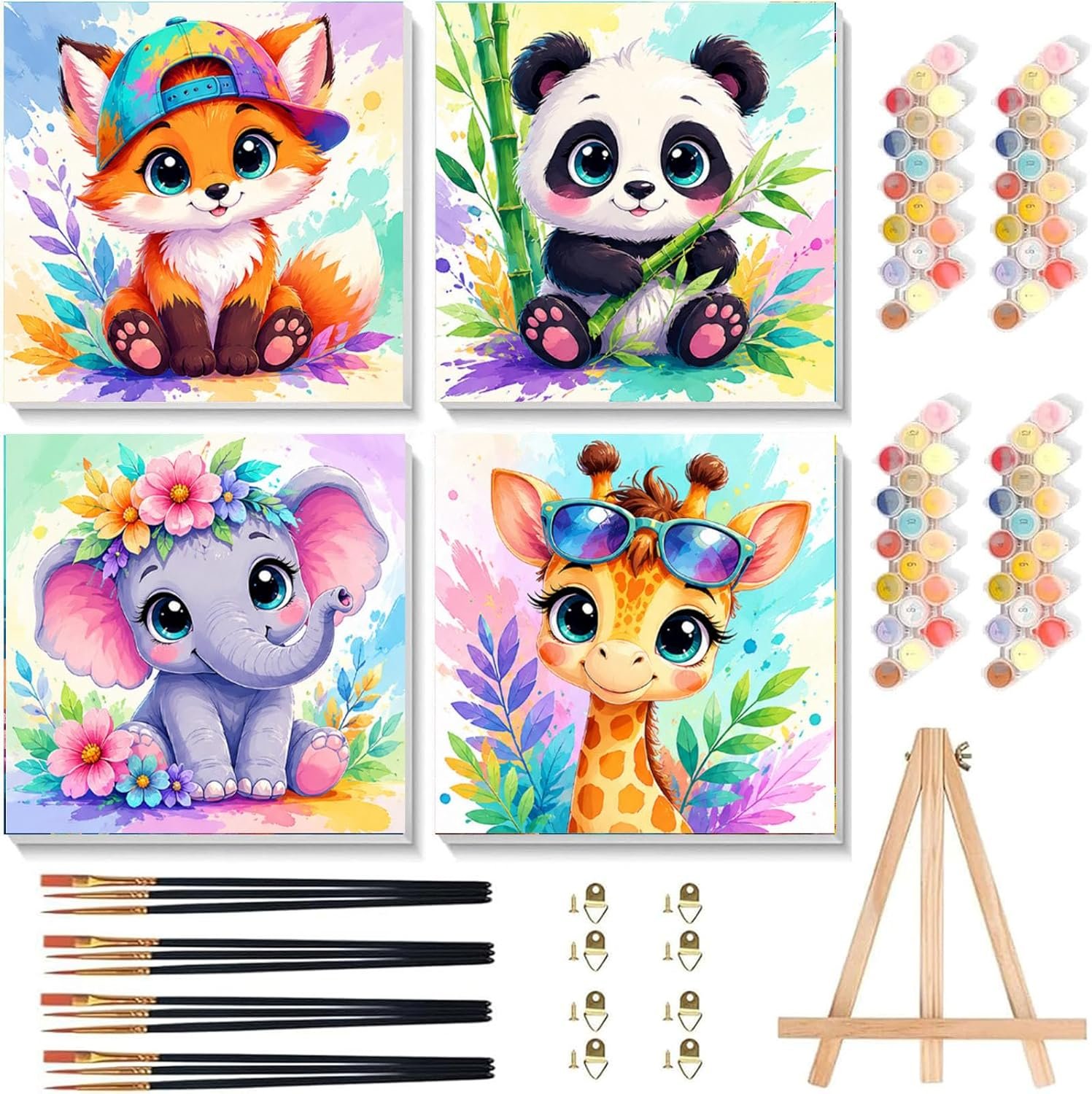 Arttoplus 4 Pack Paint by Numbers Kit for Kids with Frame 8x8inch, Animals