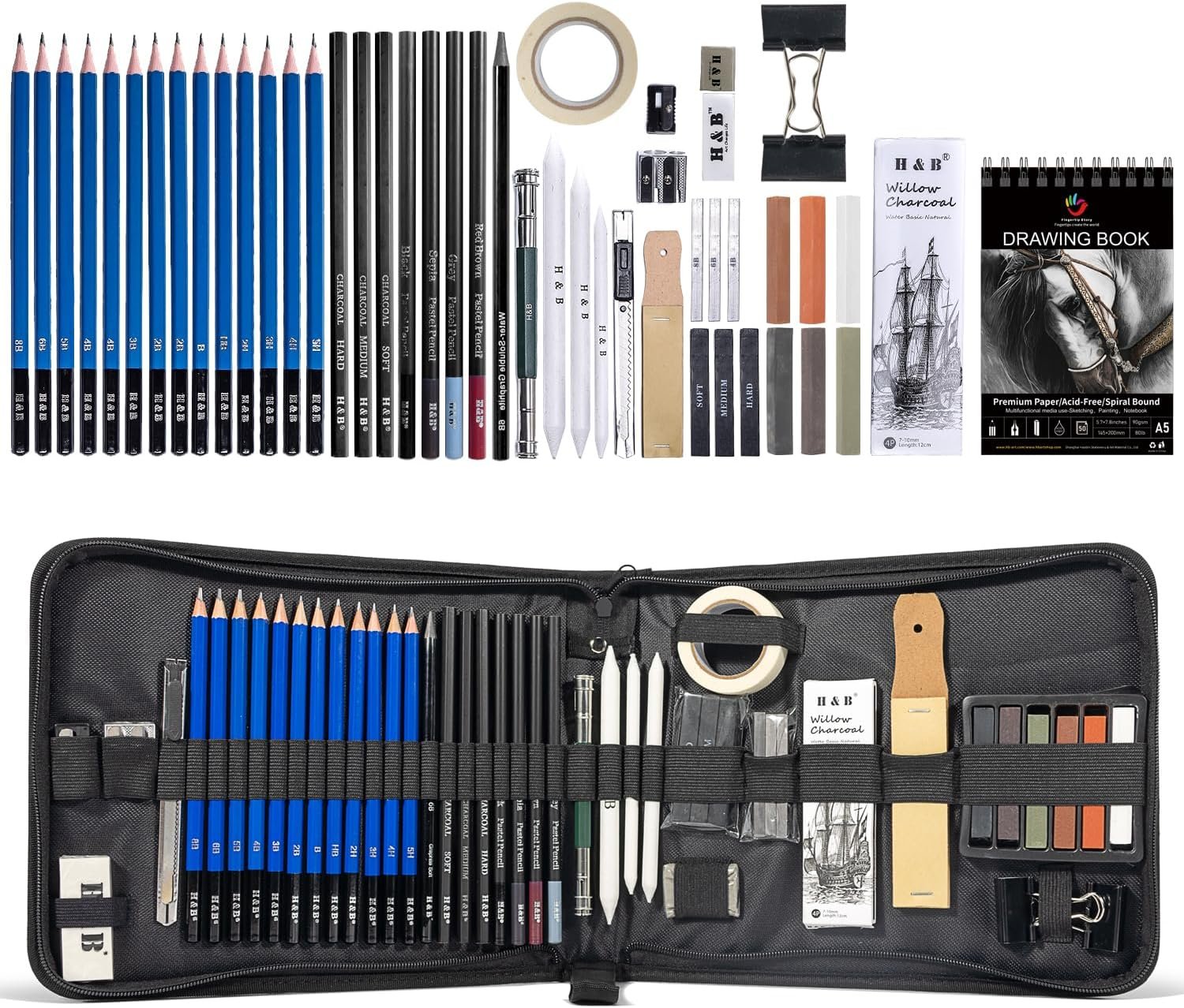 H & B 50PCS Drawing Sketch Pencils Art Supplies Kit with A5 Sketchbook