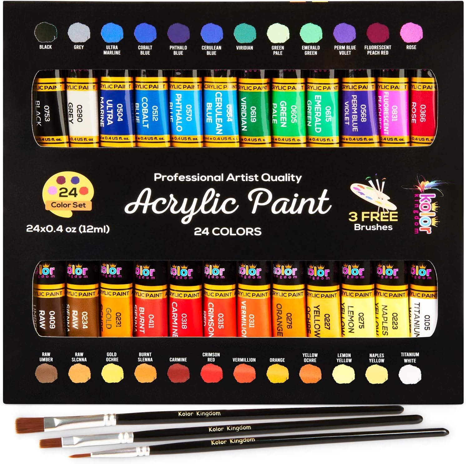 Acrylic Paint Set Canvas Art Paints 24 Colors Perfect Paint Finish (0.41oz,12 ml) With 3 Brushes – Painting Canvas, Paper, Wood, Rock, MDF, Ceramic & Fabric