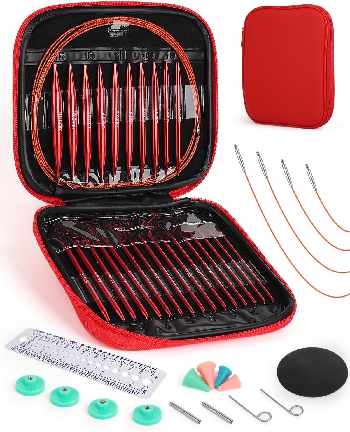 Aeelike 13 Pair Interchangeable Circular Knitting Needles Set 3-10 mm, Red