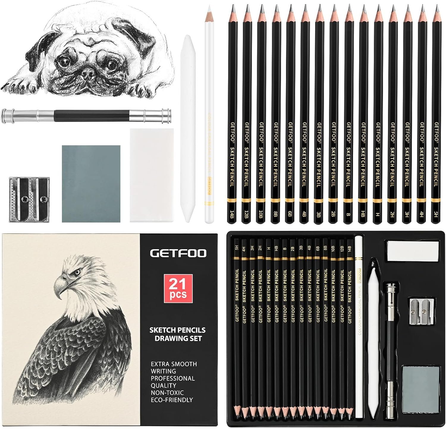 21pc Drawing Sketching Pencil Set Graphite 14B-5H & Charcoal Pencils