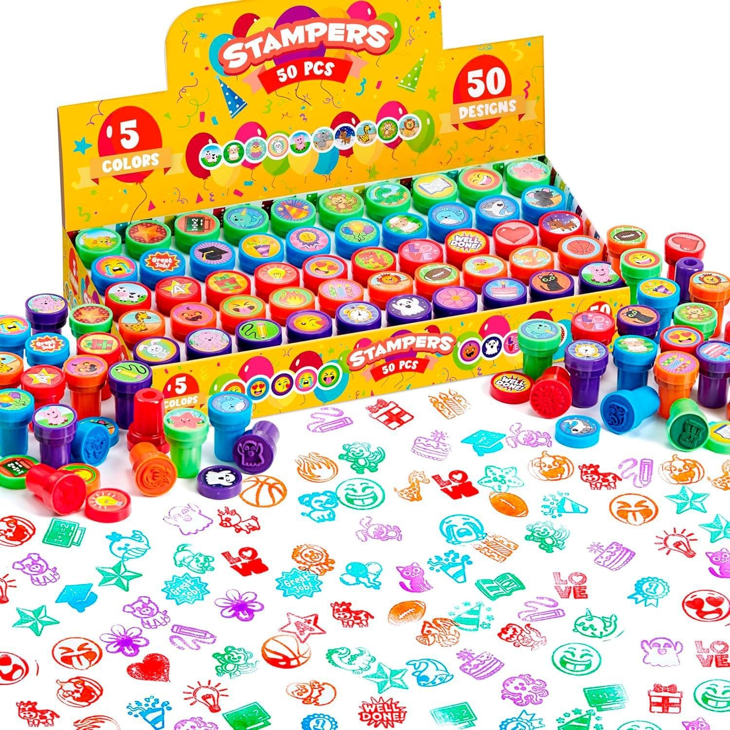 JOYIN 50 Pcs Assorted Stamps for Kids – Self-Ink Stamps with 50 Designs for Birthday Party Favor, Carnival Prizes, School Stampers, Goodie Bag, Classroom Treasure Box Toys (Zoo, Holiday Stampers)