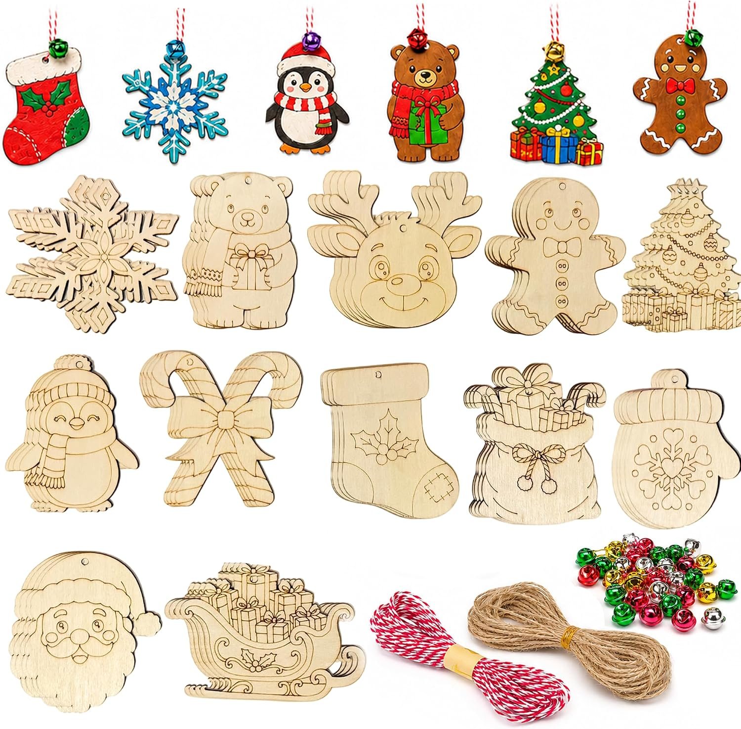 48Pcs Christmas Wooden Ornaments to Paint,12 Styles DIY Craft Kit