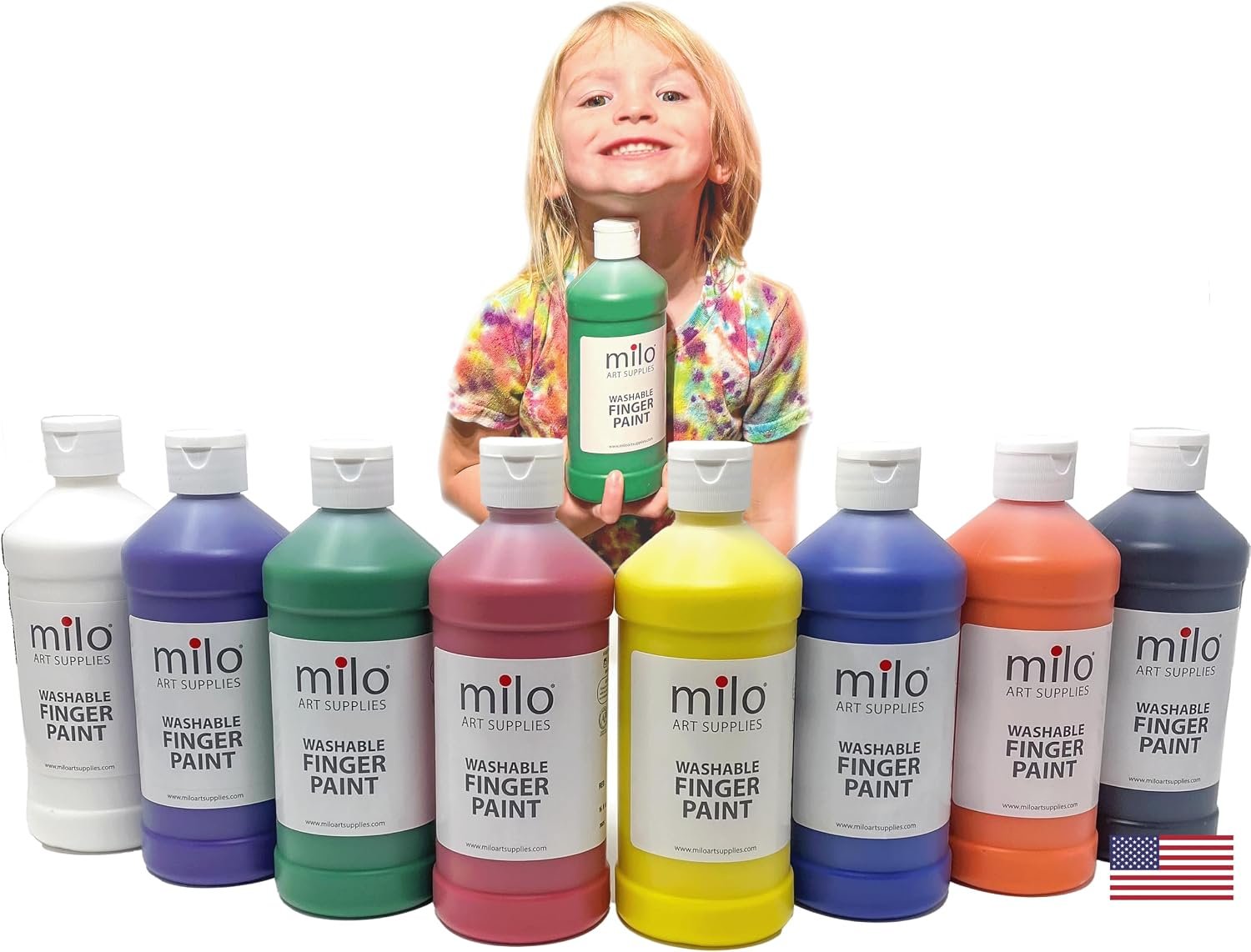 milo Kid’s Washable Finger Paint Set of 8 Colors | 16 oz Bottles | Safe and Non-Toxic | Made in the USA | Art & Craft Paints for Kids, Toddlers, Pre School Supplies Painting Set for Children | Easy