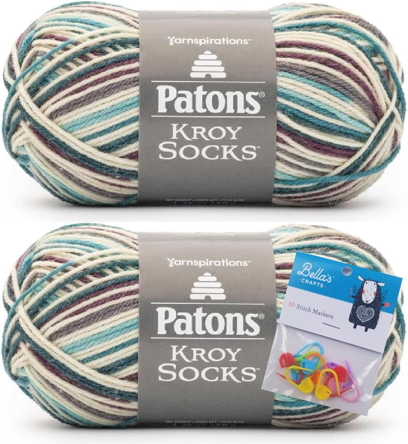 Patons Kroy Socks Yarn 2-Pack Bundle with Bella’s Crafts Stitch Markers (Northern Lights)
