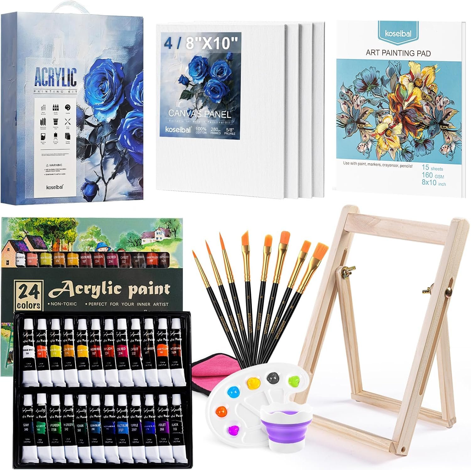 koseibal Acrylic Paints Set with Easel and Canvas for Kids & Adults