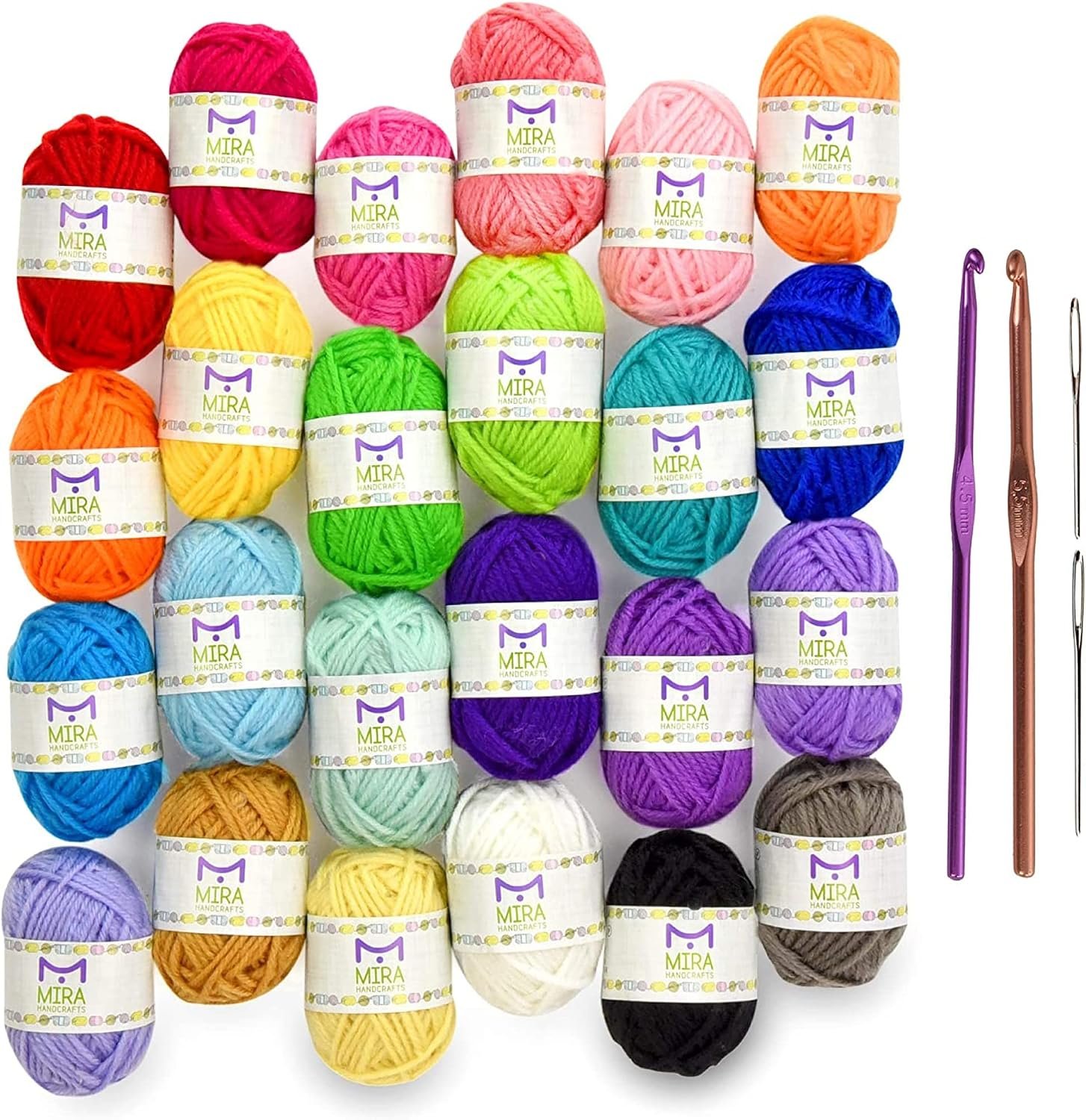 Mira HandCrafts Crochet and Knitting Starter Kit for Colorful Arts and Crafts – 24 Yarn Skeins with 525 Yards of Multicolored Thread, 2 Hooks, 2 Weaving Needles – Make Amigurumi, Scarves, and Throws