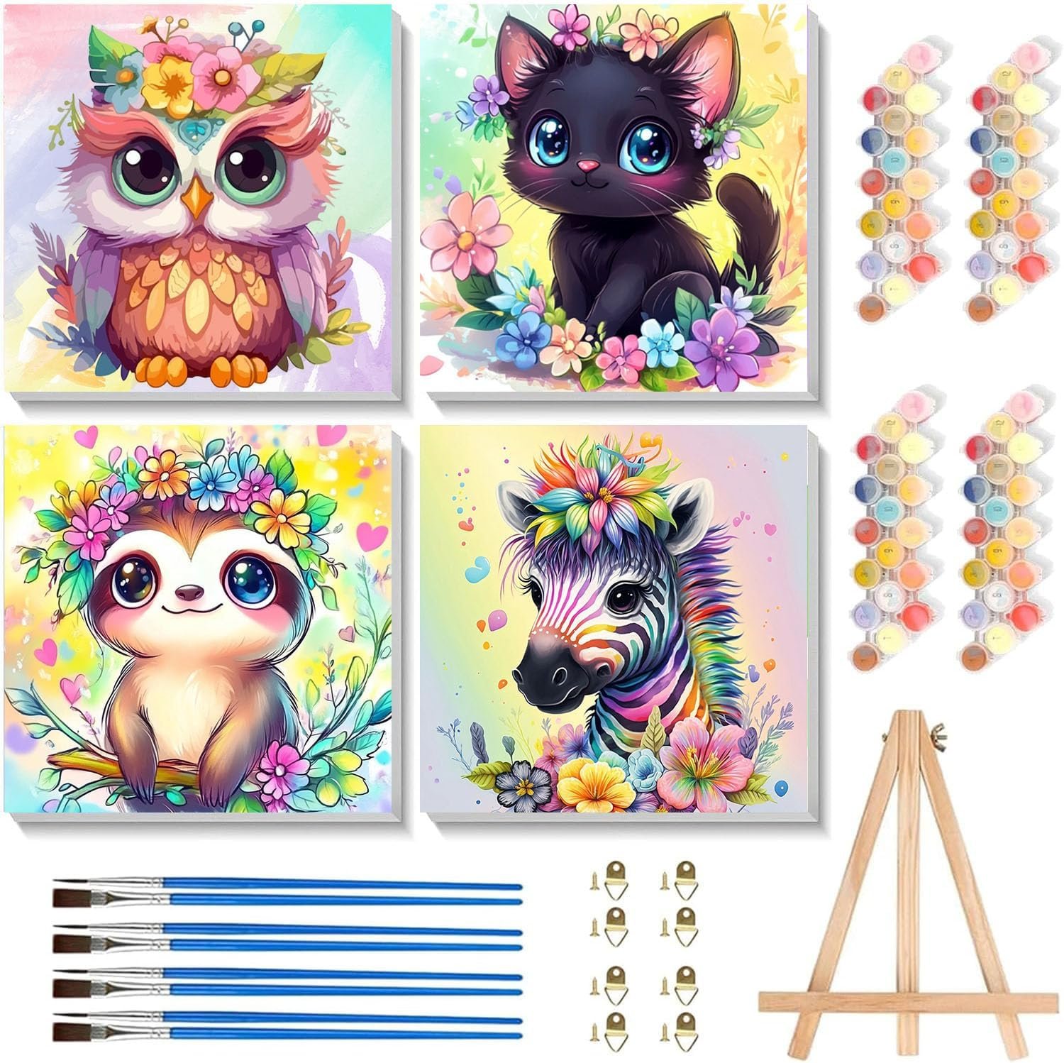 4 Pack Paint by Numbers Kit for Kids with Frame – Wooden Easel 8×8 inch