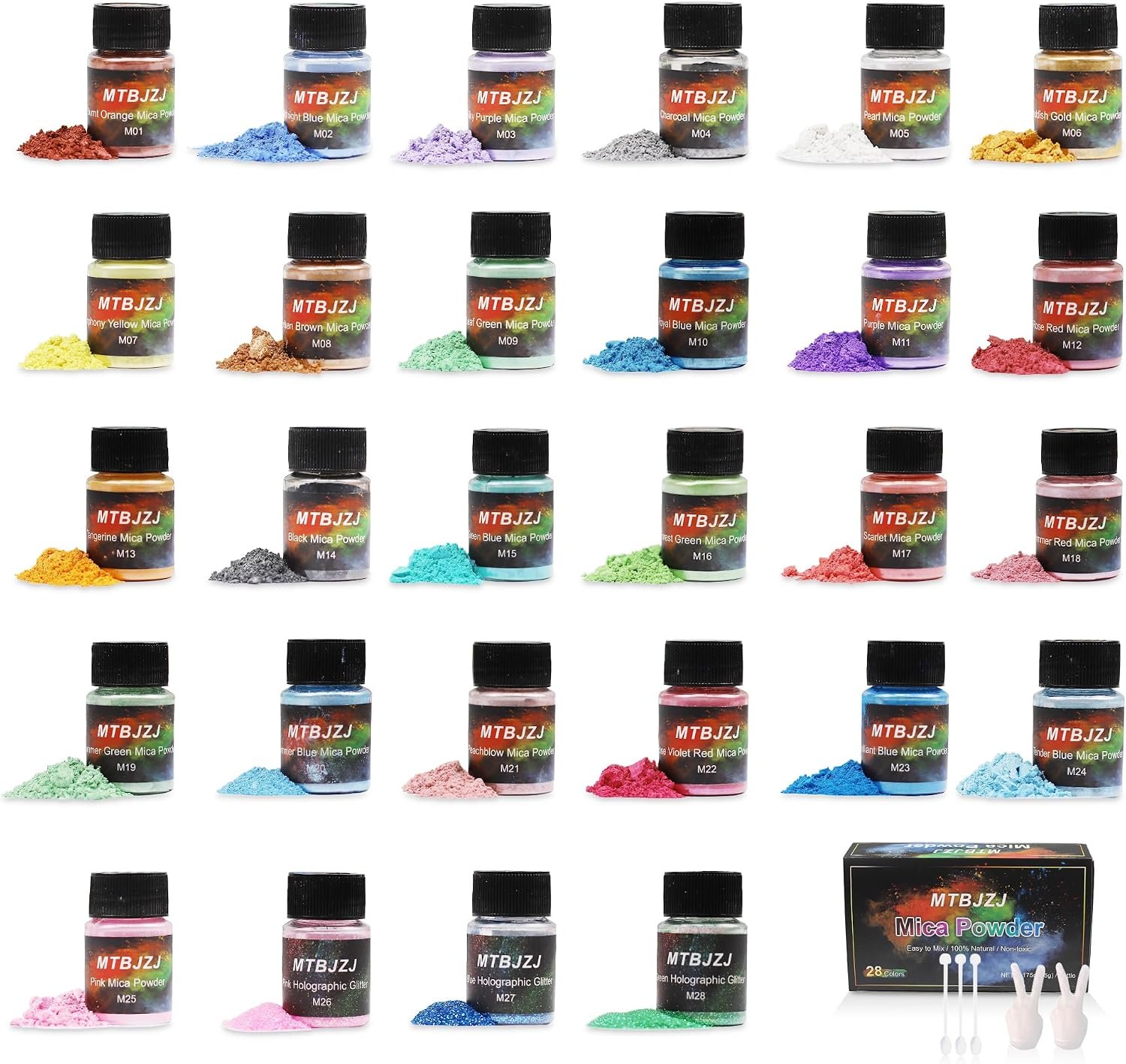 MTBJZJ Mica Powder for Resin, 28 Colors Epoxy Resin Color Pigment, for Candle Dye, Lip Gloss Pigment, Soap Making, Slime Colorant, Paint, Bath Bombs, Nail Polish and Eye Shadow