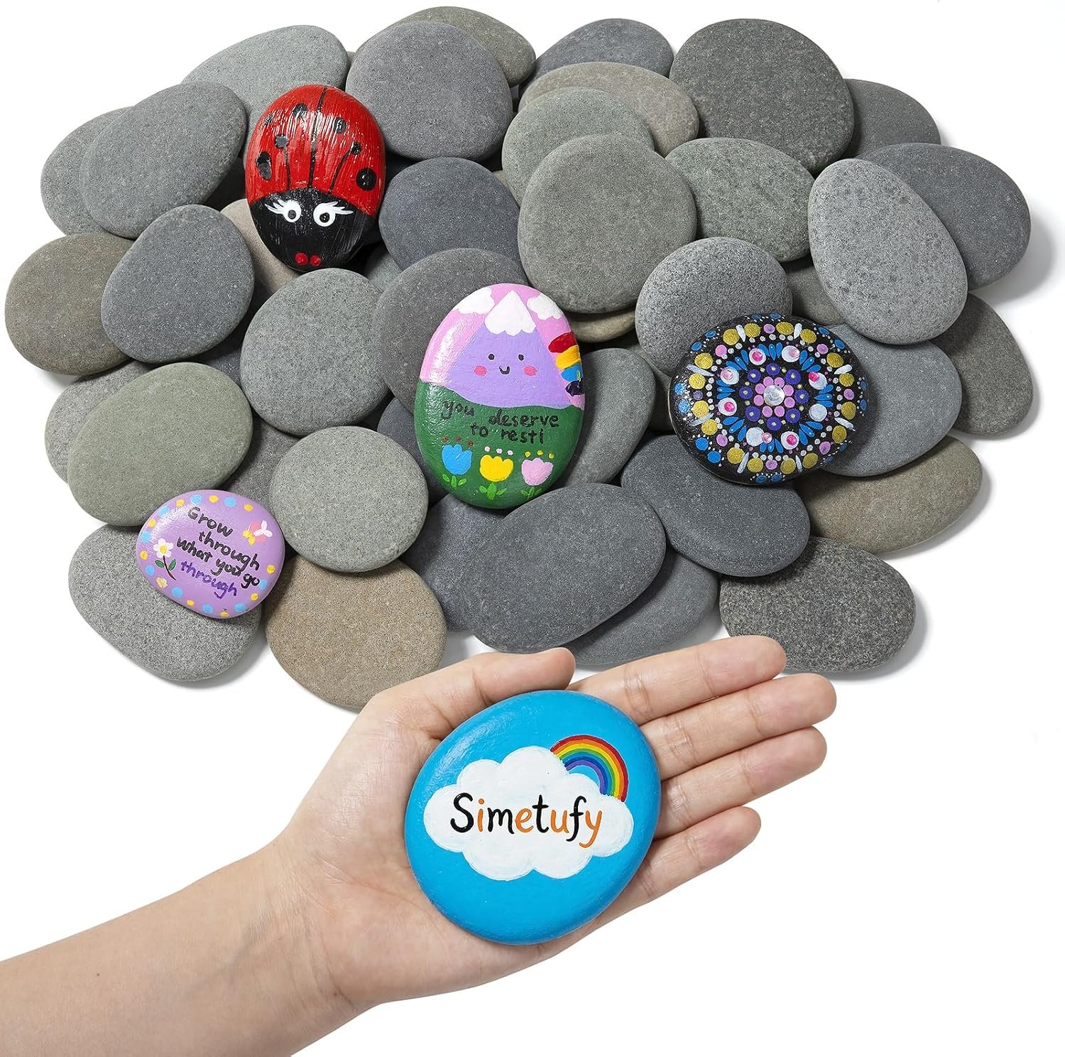 Simetufy 100pcs 1.5-3in River Rocks for Painting,2 Sizes Flat Smooth Rocks