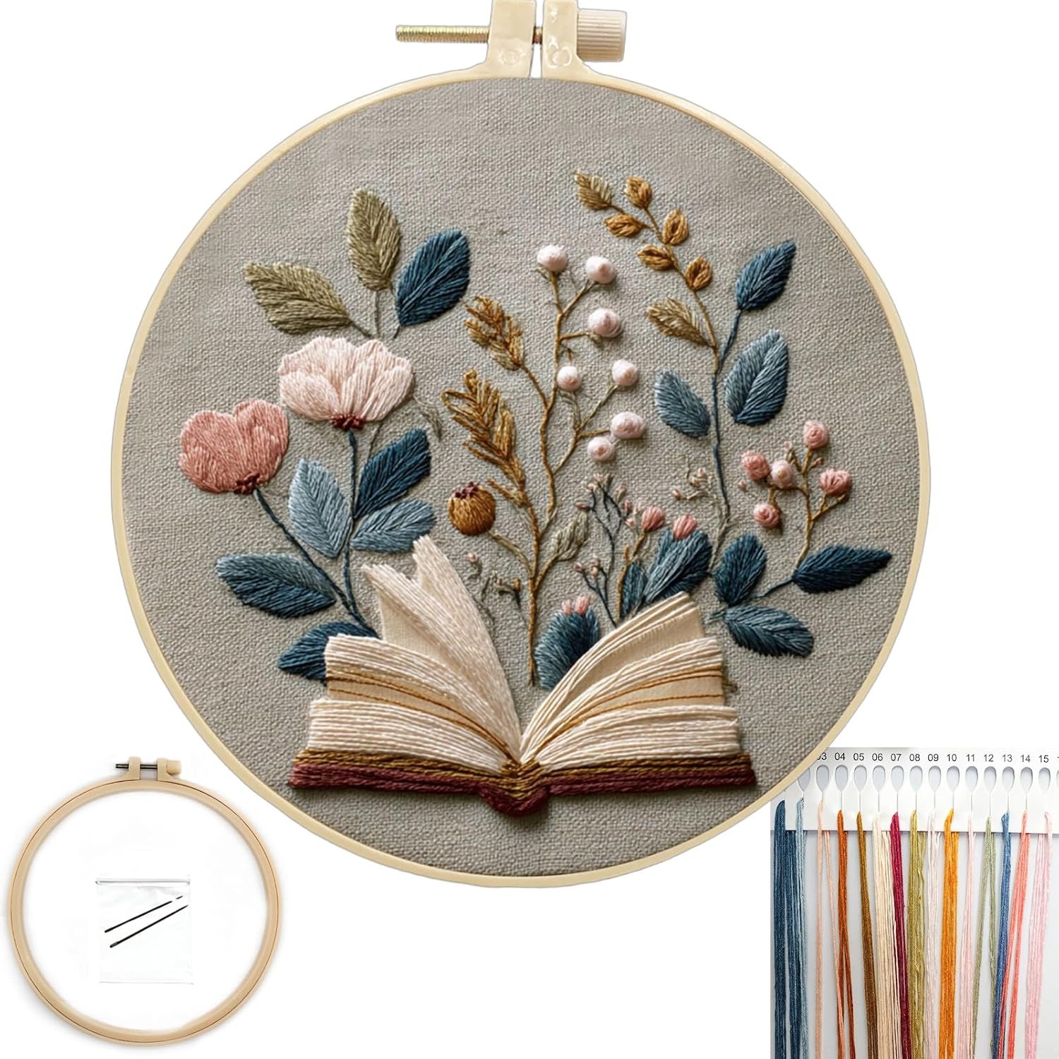 FONNUY Embroidery Kit for Beginners, Flower Book Pre-Stamped Pattern Kits for Adults with Hoop, Cross Stitch Easy to Follow Color Thread Needlework, 8” Hoop (Brown)