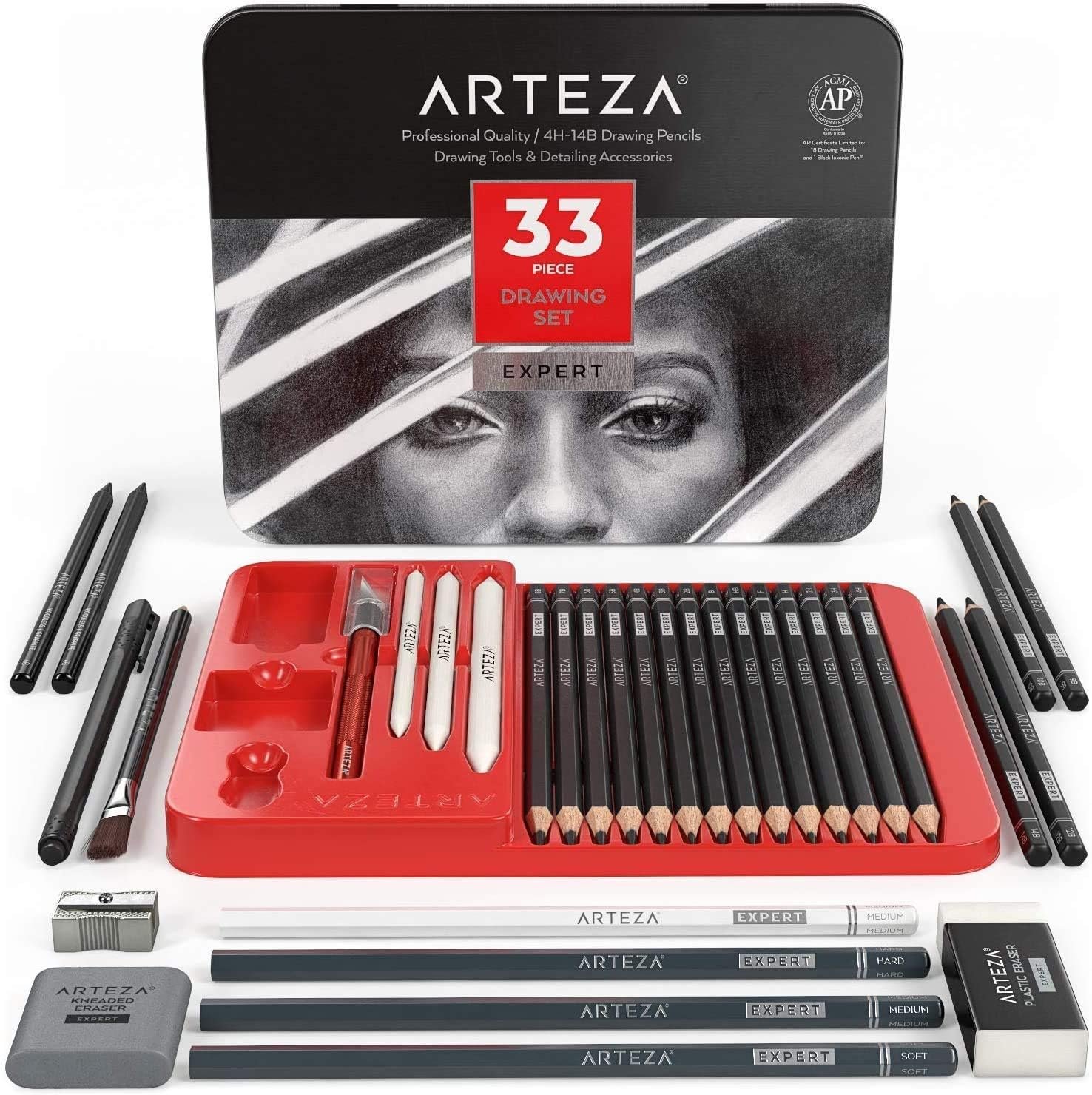ARTEZA 33-Piece Drawing Pencil Set, Graphite and Charcoal Sketching Tools