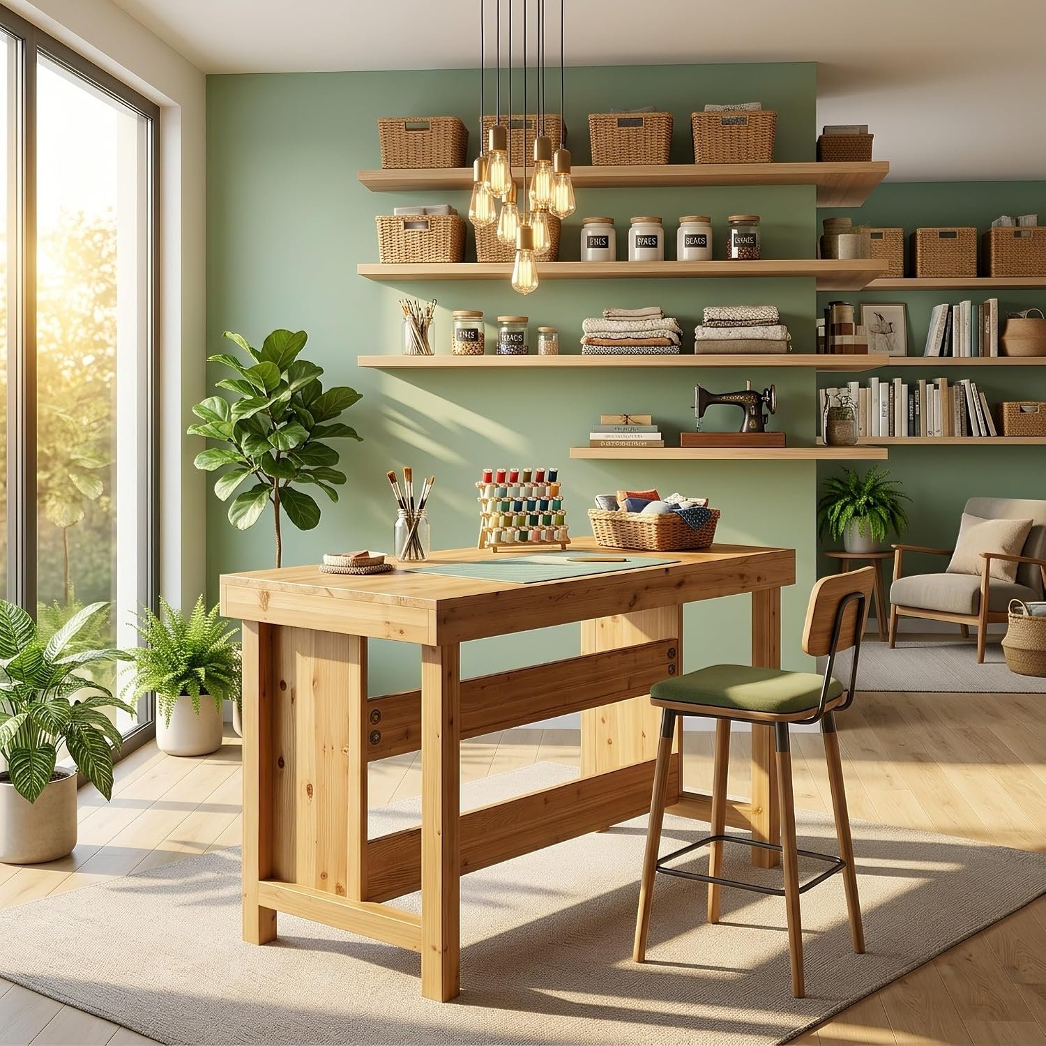 Craft Art Table with Storage and Seating, Natural Solid Wood
