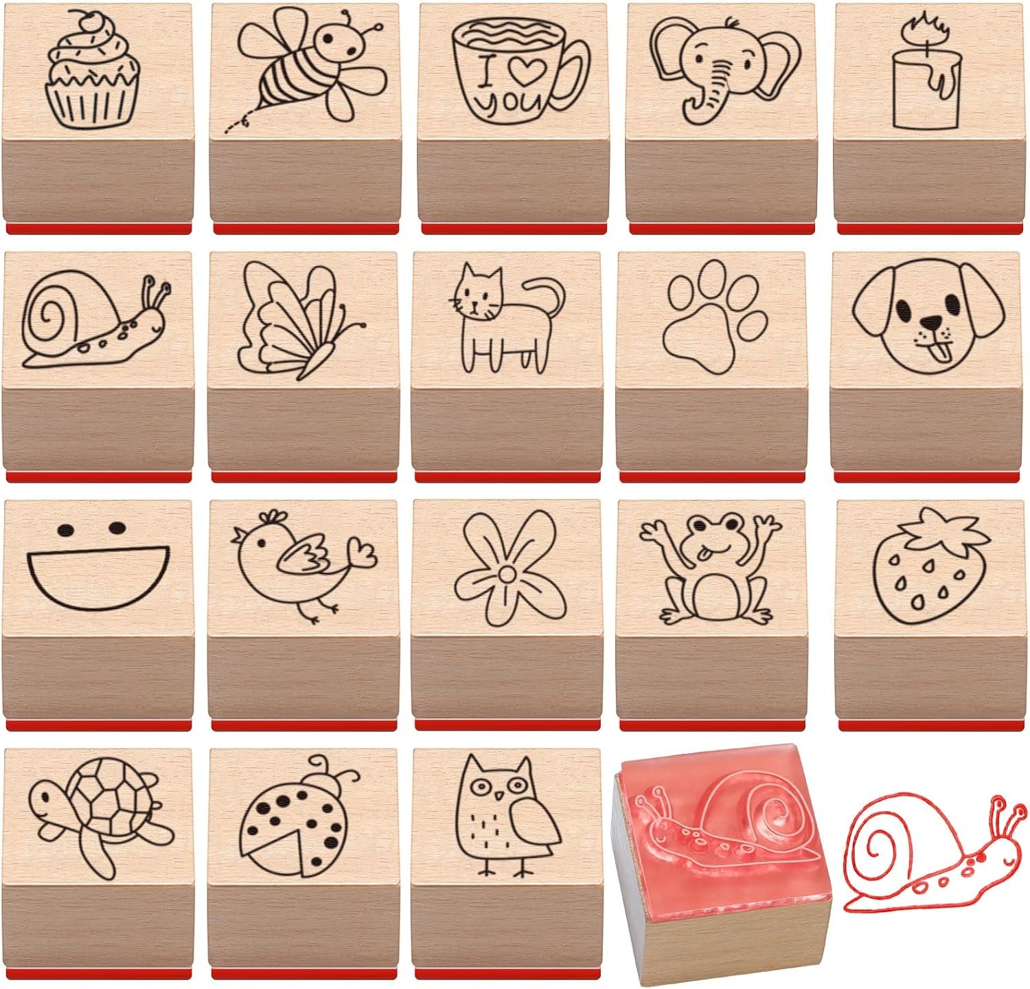 MotiMind 18 Pcs Wood Rubber Stamps Set Holiday, Cartoon Pattern