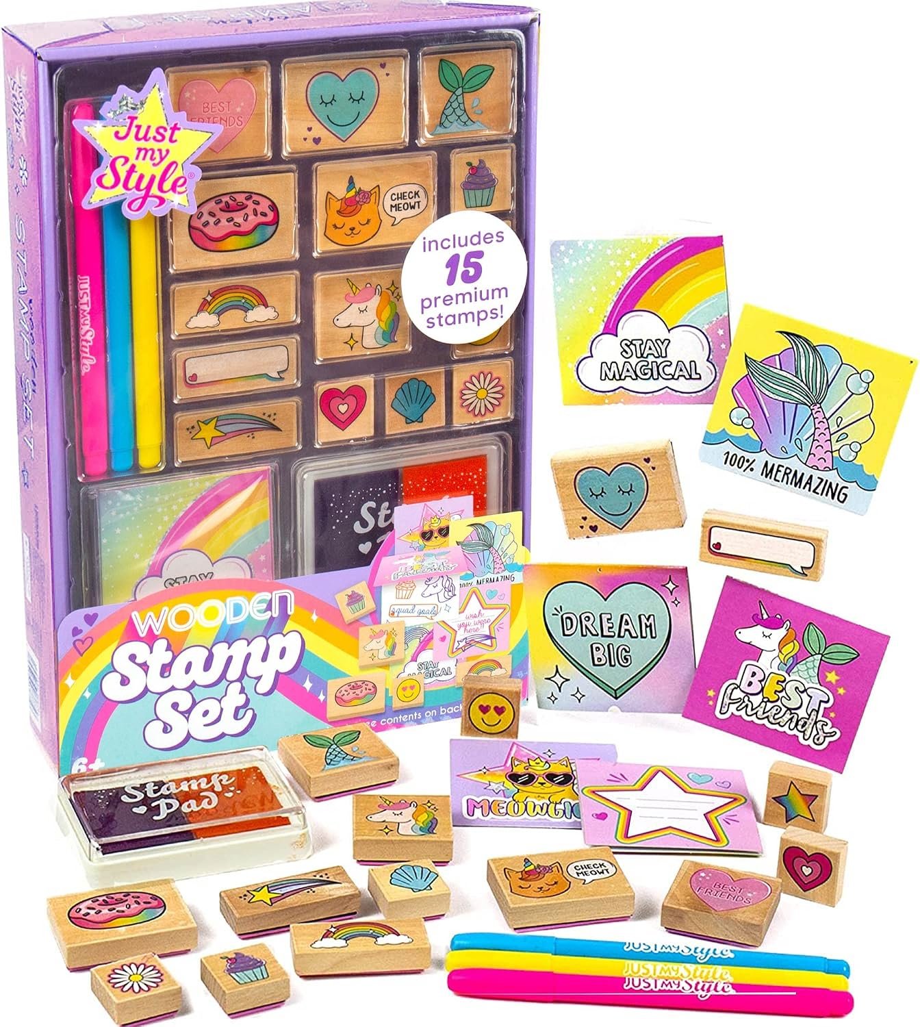 Just My Style Wood Stamp Set by Horizon Group USA, 15 Wooden Stamps, Scrapbooking Sheets, Colorful Markers, Stationery Set, 2-Tone Stamp Pad