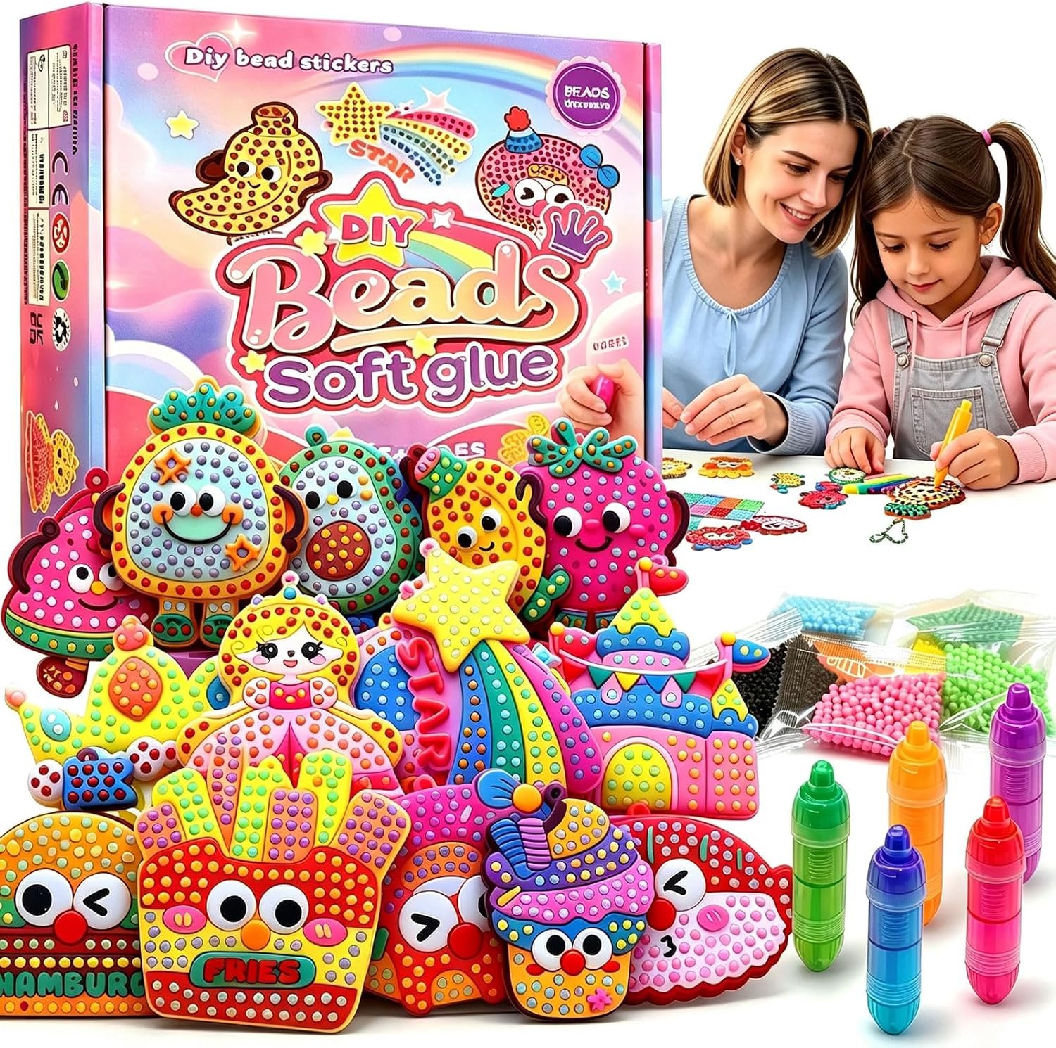 VattaFrast DIY Bead Art & Mosaic Kit for Kids Ages 6-12 Complete Craft Set with 15PCS Colorful Templates Fun Stencils Bead Pens Creative Arts Crafts Activity for Boys Girls