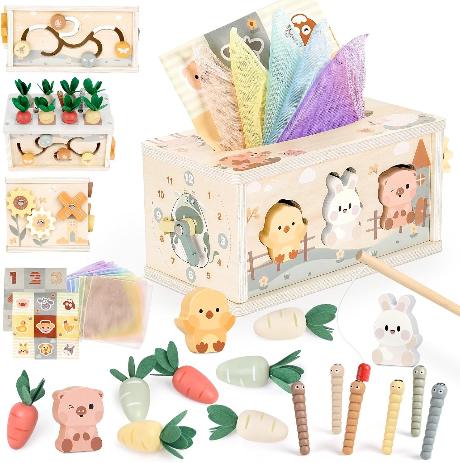 Joyreal 8-in-1 Montessori Tissue Box Toys for 1+ Years Wooden Activity Cube
