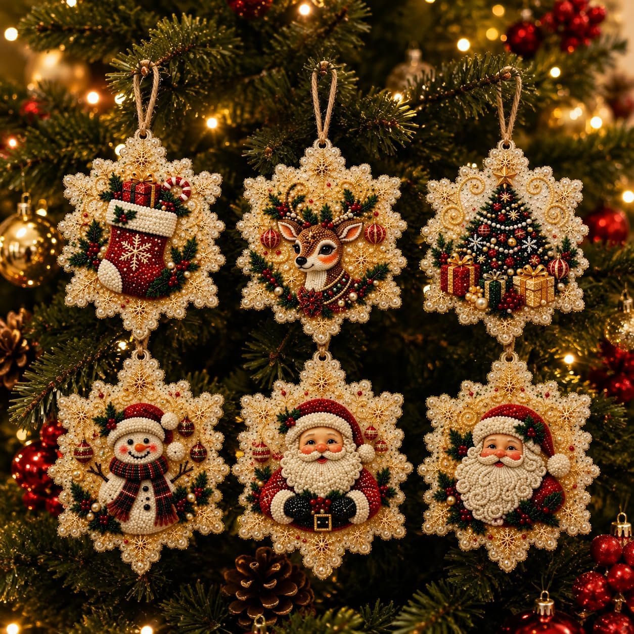 NYMMJO 6PCS Christmas Ornaments DIY Pearl Diamond Art Kits,Hanging Diamond Art Christmas Ornaments Set with Pearls & Jute Twine, for Holiday Window Christmas Tree Home Decoration,Multicolor 02