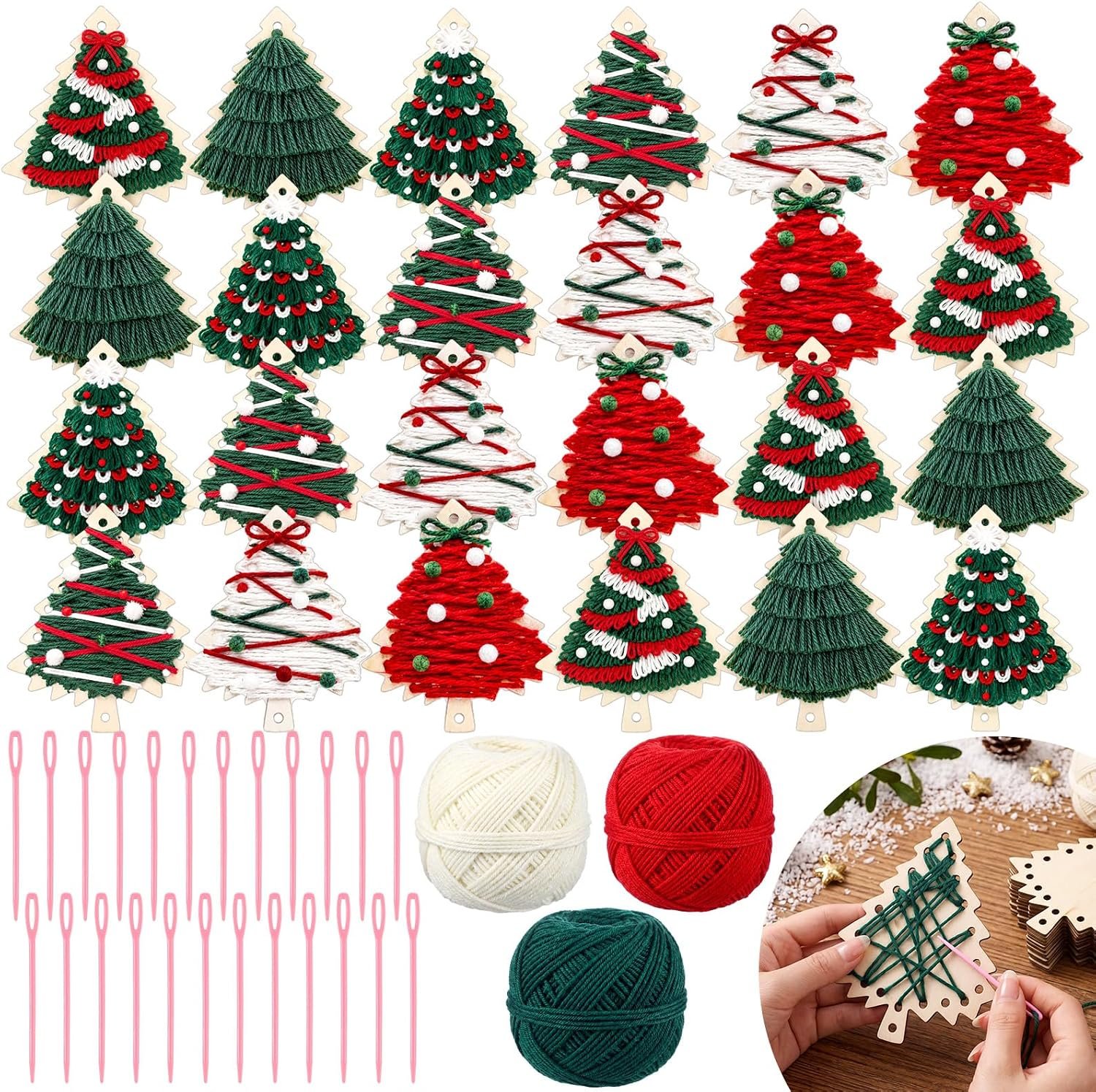 Kathfly 24 Set Christmas Wooden Craft Kit Christmas Tree String Craft Ornaments with Yarn and Plastic Weaving Tools DIY Art Hanging Decorations for Classroom Xmas Holiday Party Favor Home Activities