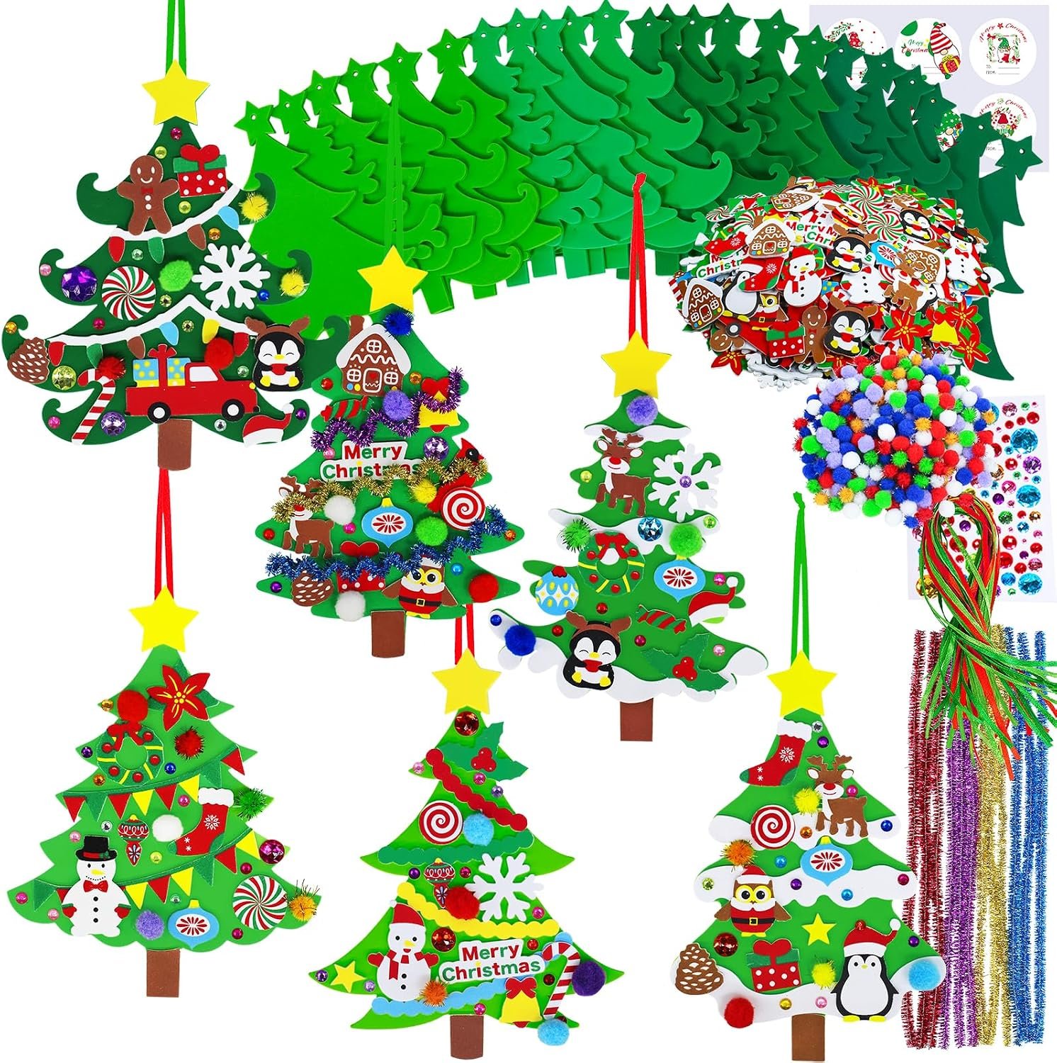 Winlyn 24 Sets Christmas Tree Ornaments Decorations Art Sets DIY Christmas Craft Kits Pine Tree Snowman Snowflake Penguin Foam Stickers Arts and Crafts for Kids Party Favors Home Classroom Activities