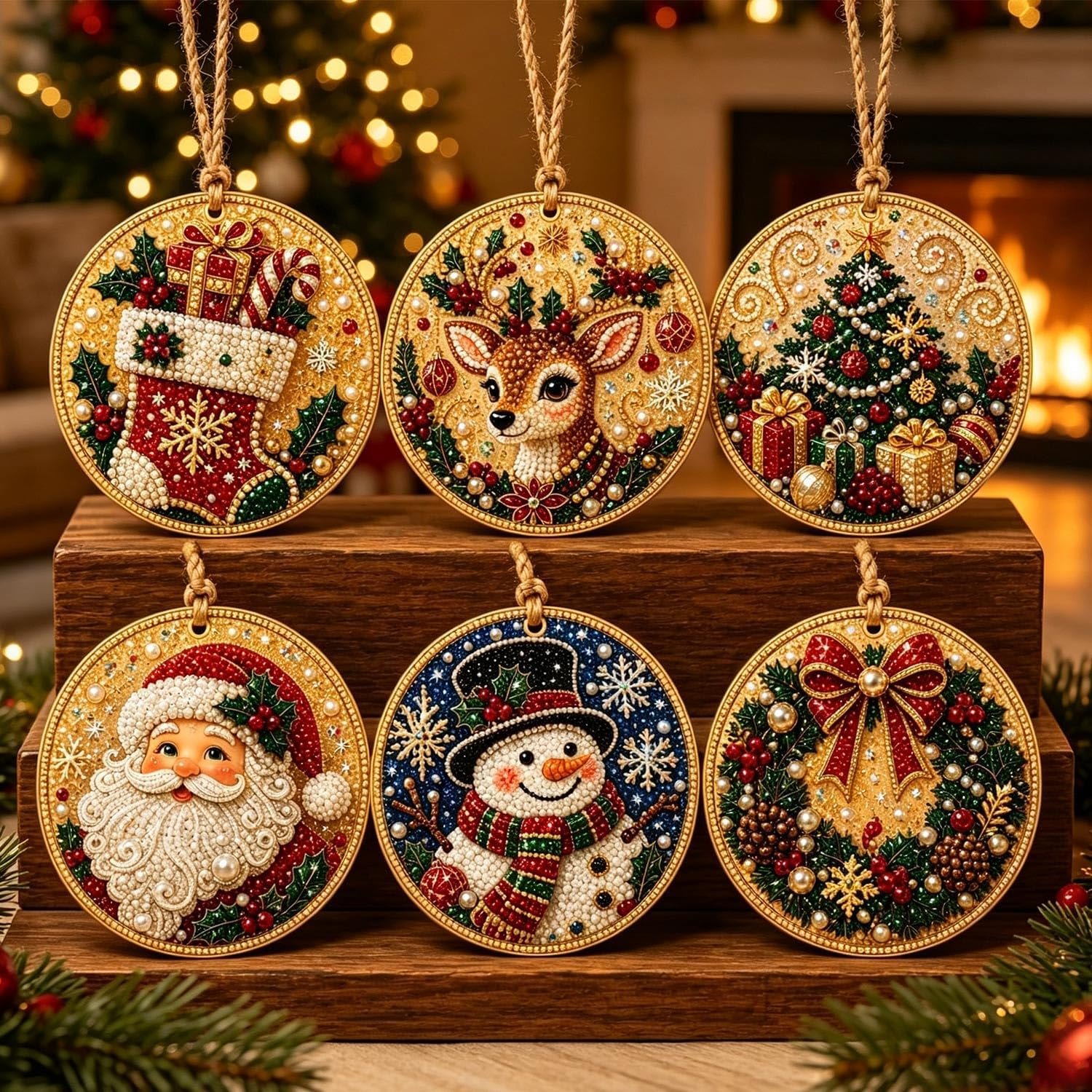 6PCS Christmas Wooden Ornaments DIY Diamond Painting Kit,Pearl Diamond Art Kits for Adults, Pearl and Special-Shaped Gem Craft Set with Twine for Tree and Window Decor