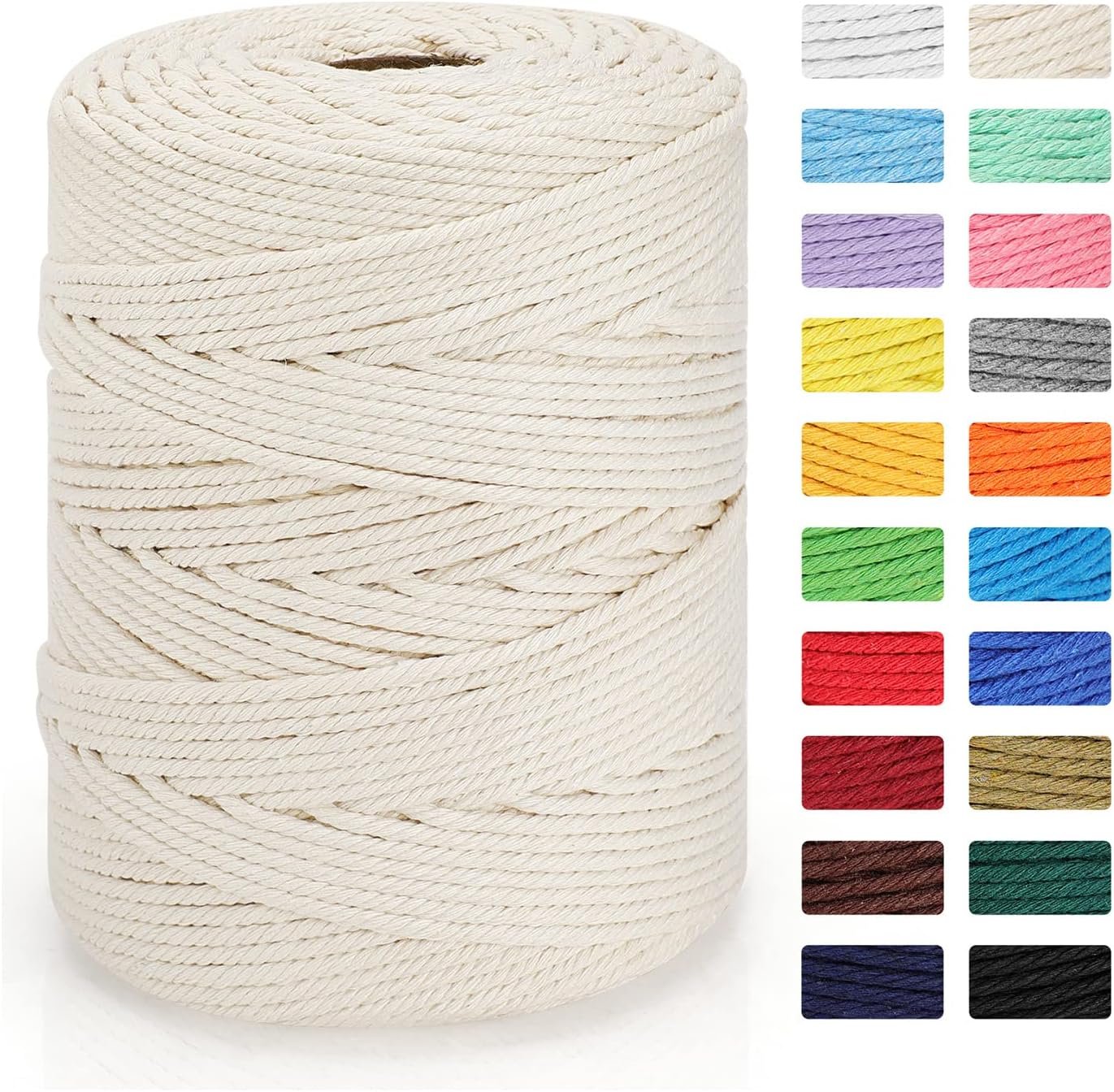 Macrame Cord 4mm x 328yd | 100% Natural Cotton Macrame Rope | 4 Strand Twisted Cotton Cord for DIY Crafts Knitting Plant Hangers Wedding Decor, Beige