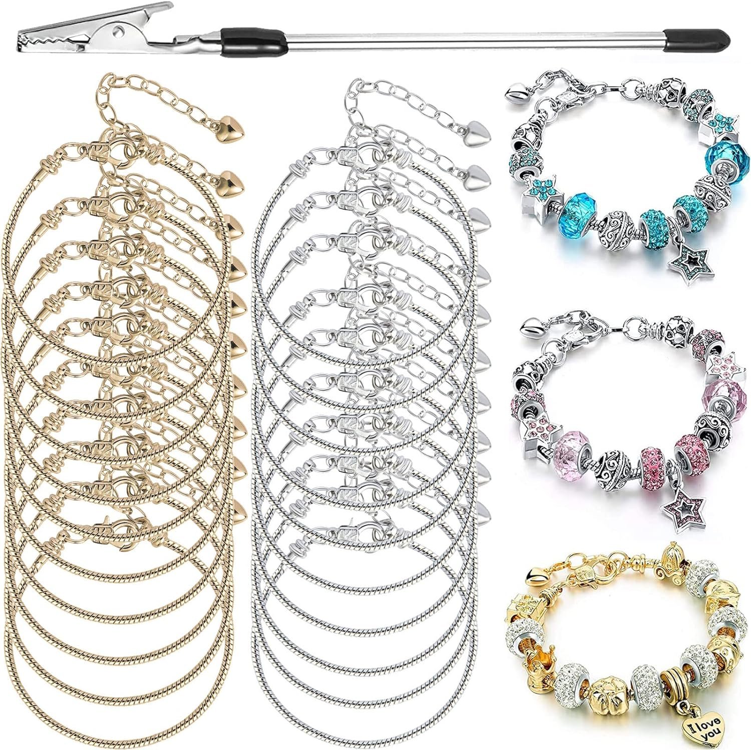 20 Pieces Snake Chain Charm Bracelet with Bracelet Helper Adjustable Snake Charm Bracelet Chains with Heart Lobster Clasp Extender Chain DIY Bracelet Chain for Women Jewelry Making Gifts Supplies