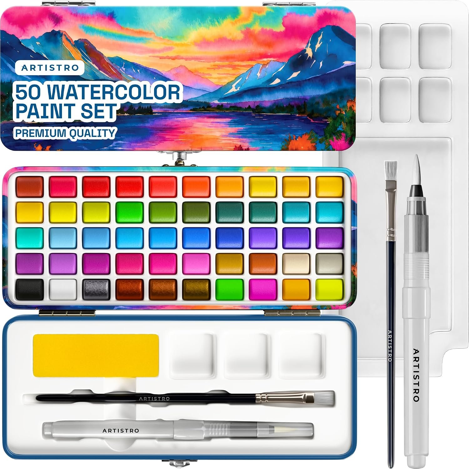 ARTISTRO 50 Watercolor Paint Set, Sunrise Set, Palette & Brushes