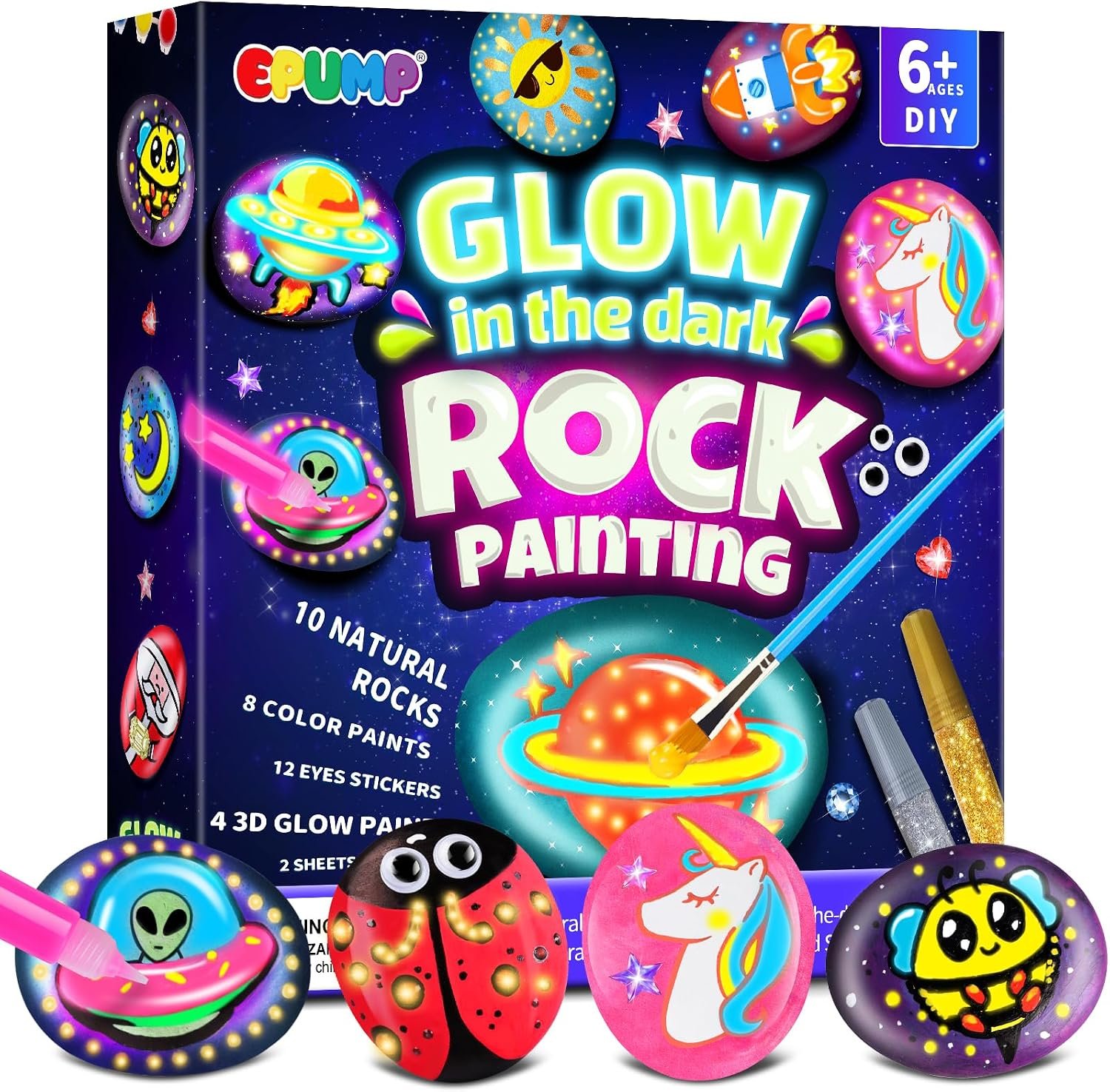 EPUMP Rock Painting Kit for Kids – Glow in The Dark Arts and Crafts Supplies Kits for Girls Boys – Kids Activities Creative Art Set Birthday Gifts DIY Paint Toys for Age 6 7 8 9 10 11 12 Years Old