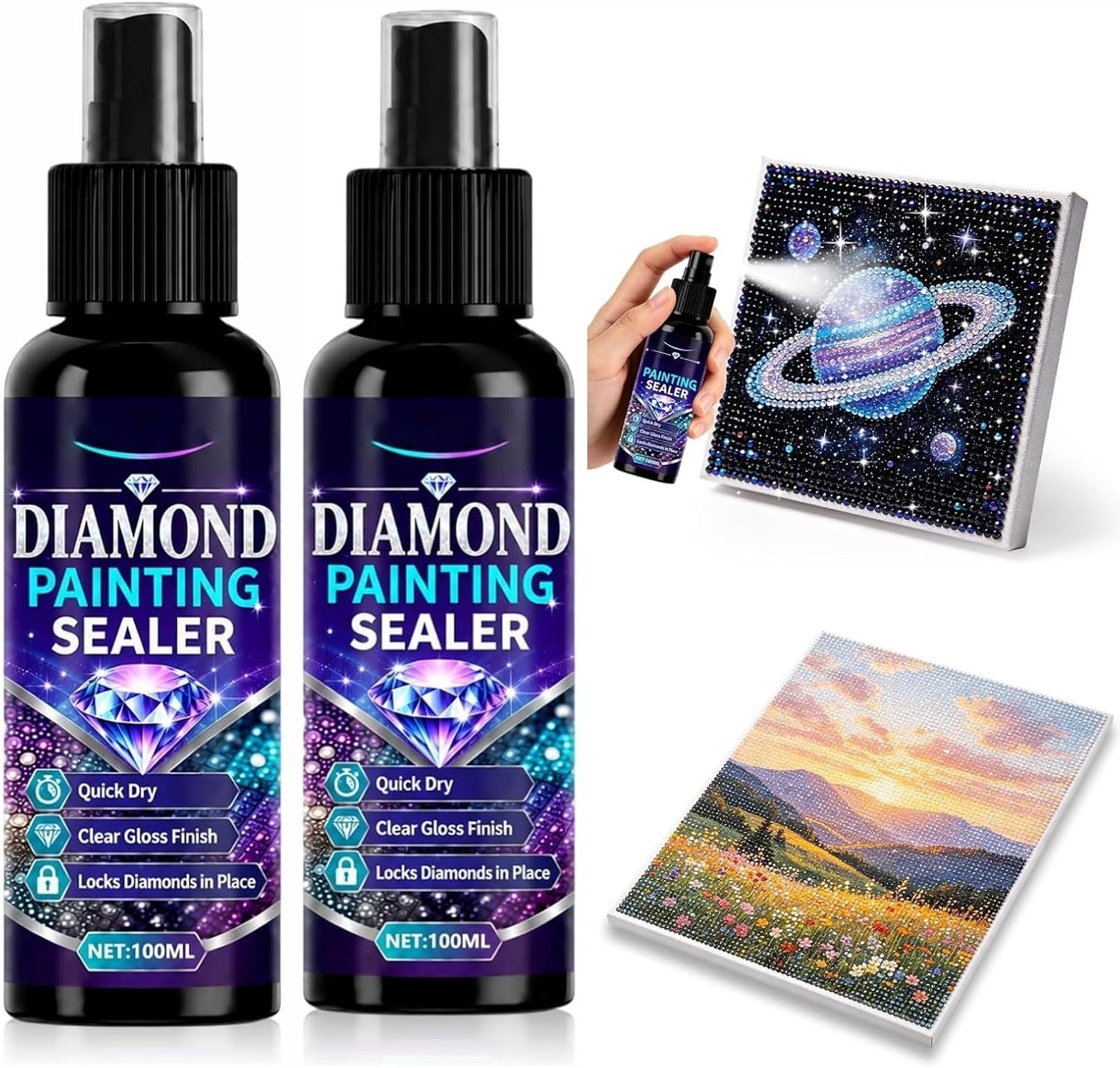 2PCS Diamond Painting Sealer Spray, 100ml Quick Dry Gloss Finish Sealant for Diamond Art, Dry Protective Coating Spray to Secure Diamond Drills, for Diamond Paintings, Puzzles, Coasters & DIY Crafts