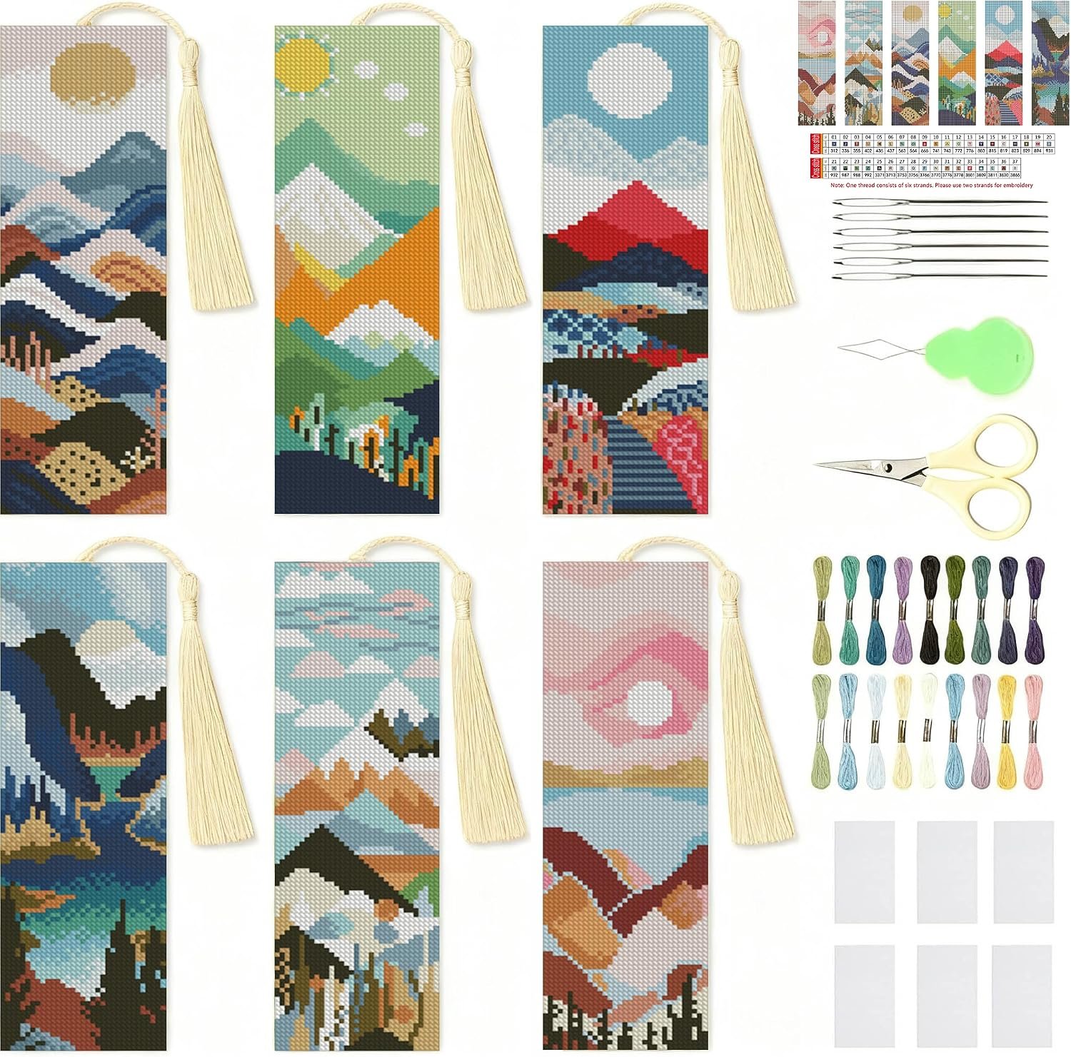 NEGEKFKX 6 Pcs Landscape Cross Stitch Bookmark Kit for Adult Beginners