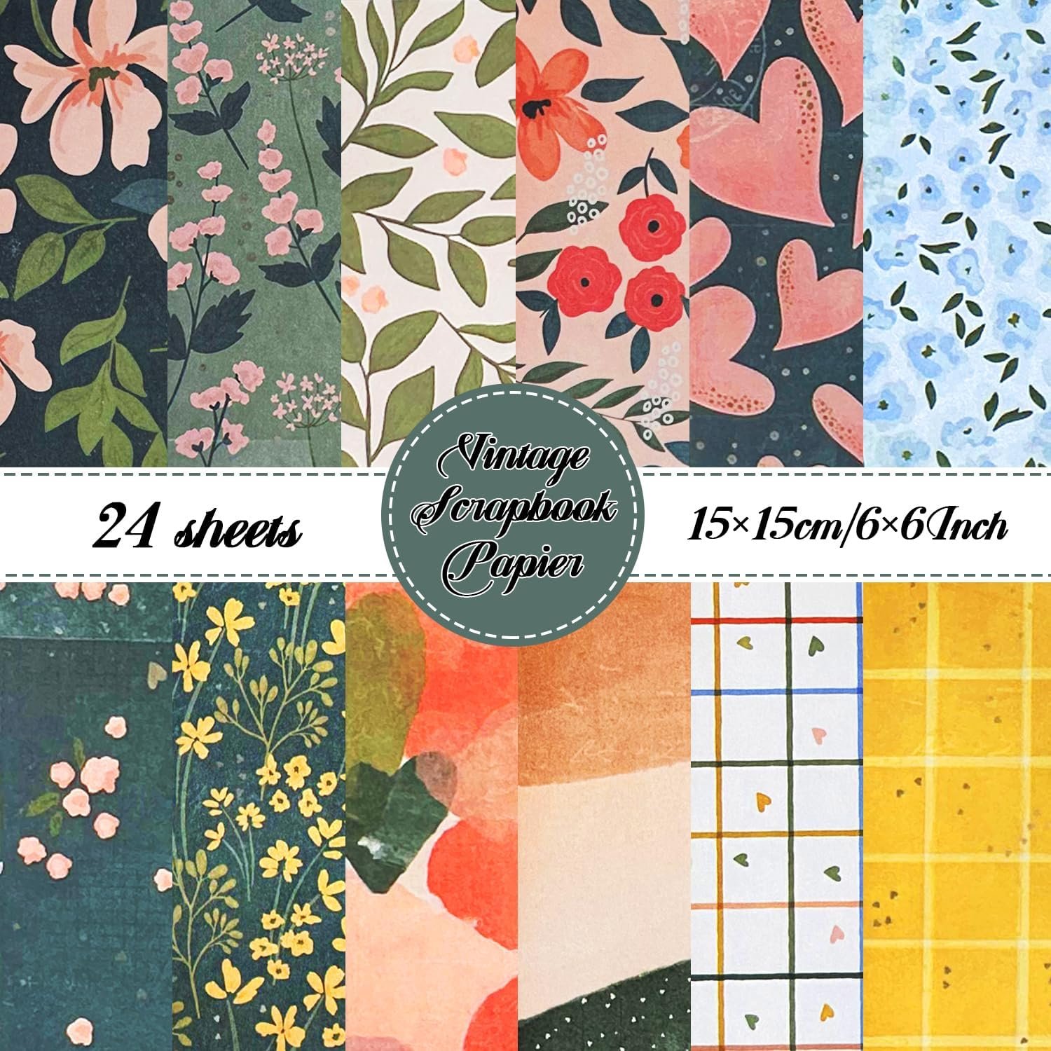 24Pcs 6×6 Scrapbook Paper Pad Decorative Decoupage Paper Pink Yellow Floral Pattern Pack Scrapbook Supplies For DIY Photo Album Decor Art Junk Journal Supplies,Card Making Scrapbooking Craft