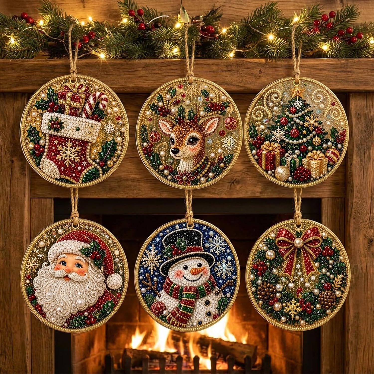 Christmas Wooden Ornaments Set 6-Piece DIY Pearl Diamond Painting Kit (C1)
