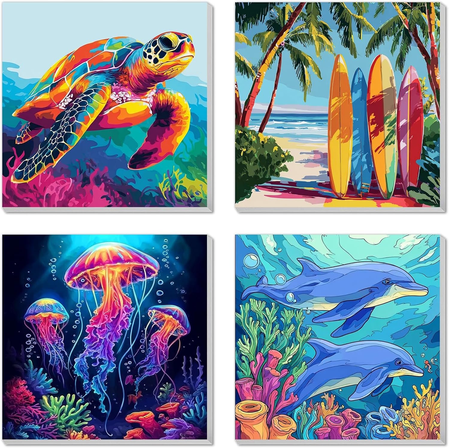 4 Pack Paint by Numbers Kit for Kids Easy Kid Paint by Number Kits Ages 8-12 Beach DIY Painting Kits for Kids Age 4-8 Beginner Paint by Number Canvas with Frame Children Color by Numbers Kit 8×8 Inch