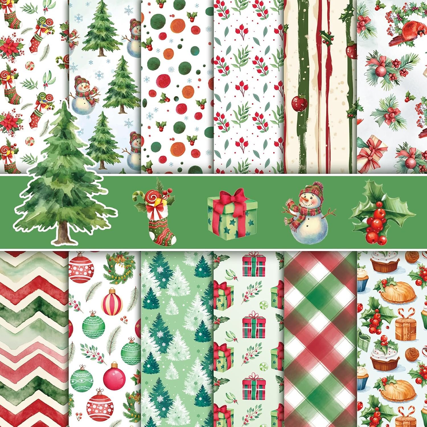 Konsait 24 Sheets Christmas Scrapbook Paper 12×12, Double Sided Watercolor Christmas Pattern Paper Xmas Decorative Papers Xmas Cardstock Pad Origami Papers for Card Making Scrapbook Supplies
