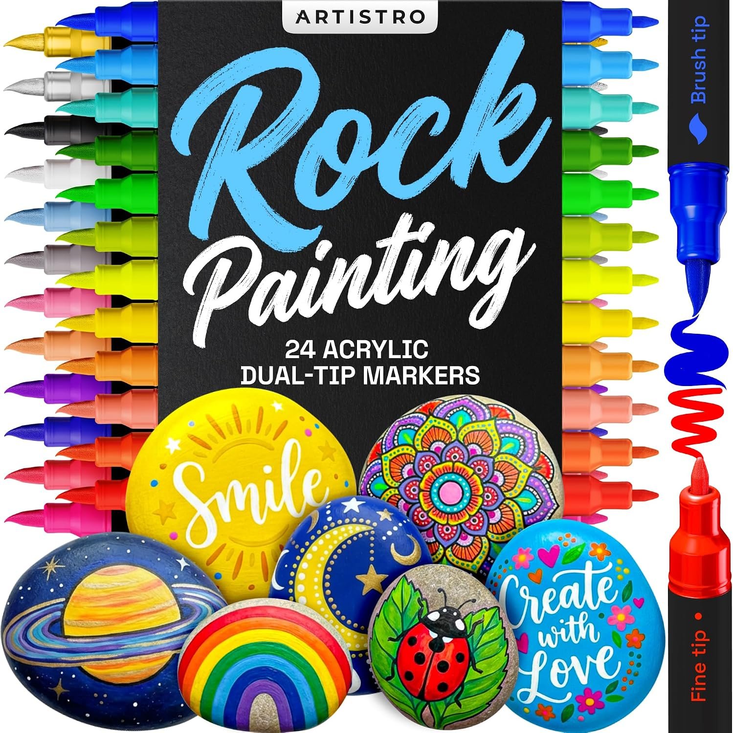 ARTISTRO 24 Acrylic Paint Markers, Rock Crafting Set, Brush & Fine Tip