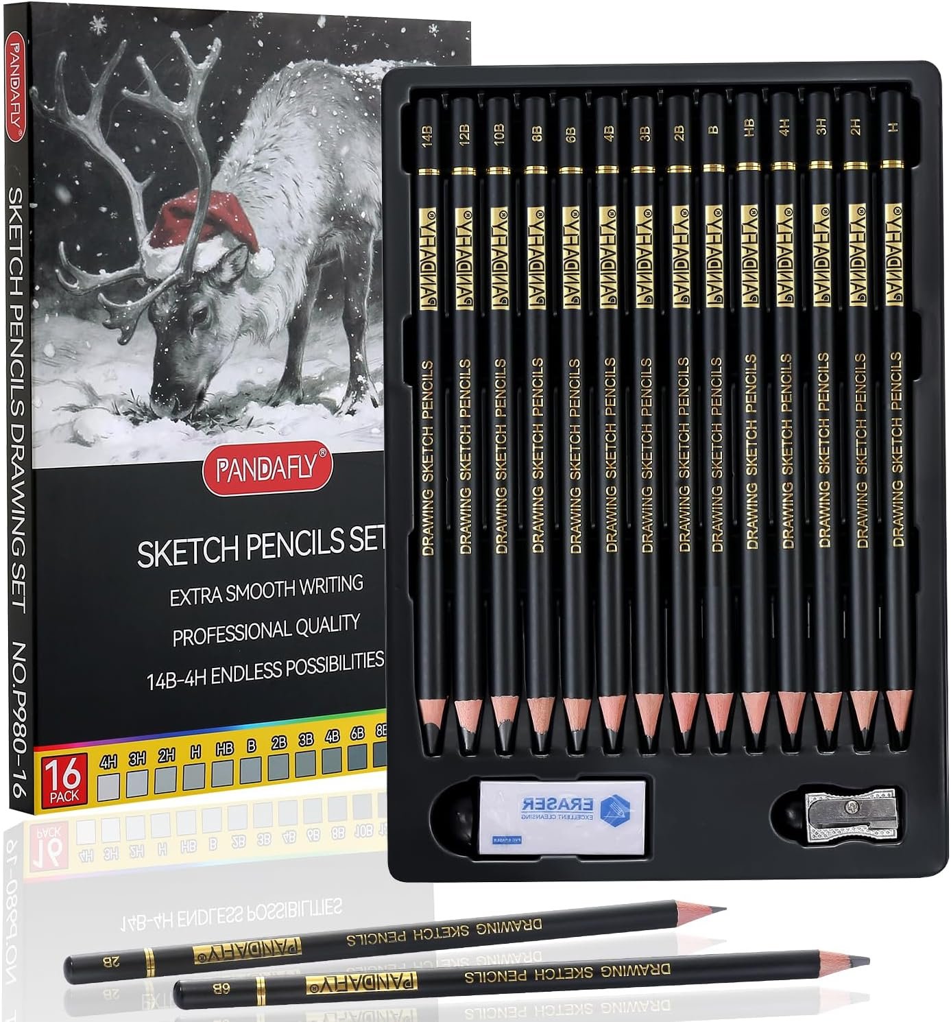 PANDAFLY Drawing Sketch Pencil Set, 16 Piece, 4H to 14B Graphite Pencils