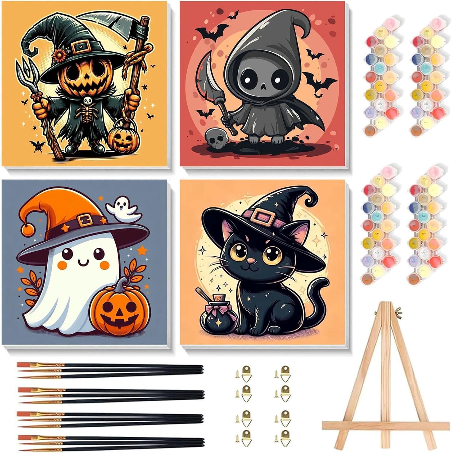 SUJINMEI 4 Pack Halloween Paint by Numbers Kit for Kids with Frame 8×8 inch