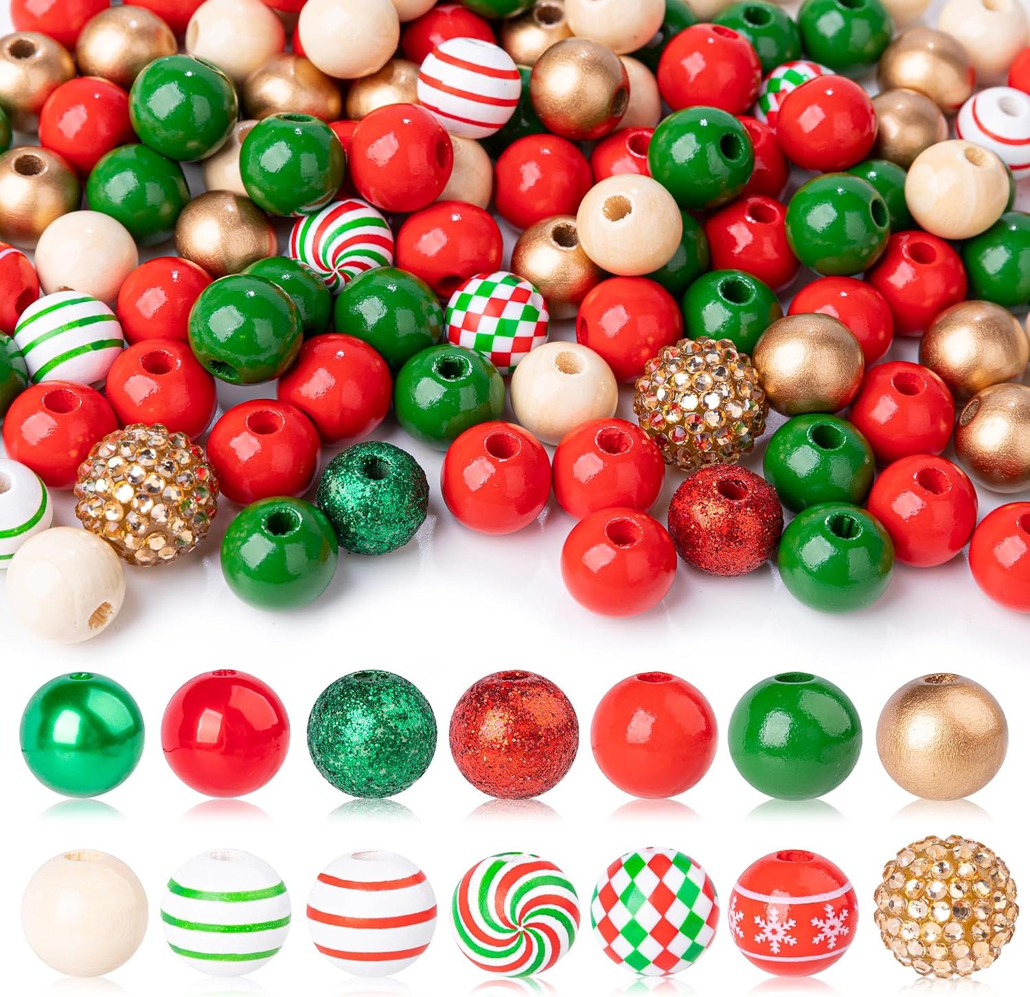 240 Pcs Christmas Wooden Beads, Gold Red Green White Round Beads for DIY Crafts, Garland, Jewelry Making