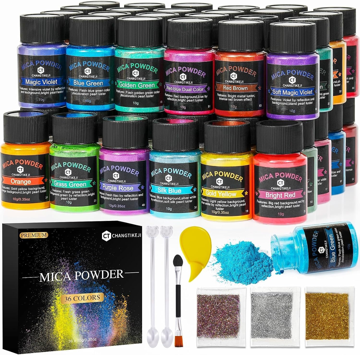 CHANGTIKEJI Mica Powder，36 Colors – 10g/Bottle of Natural Pigment Powder