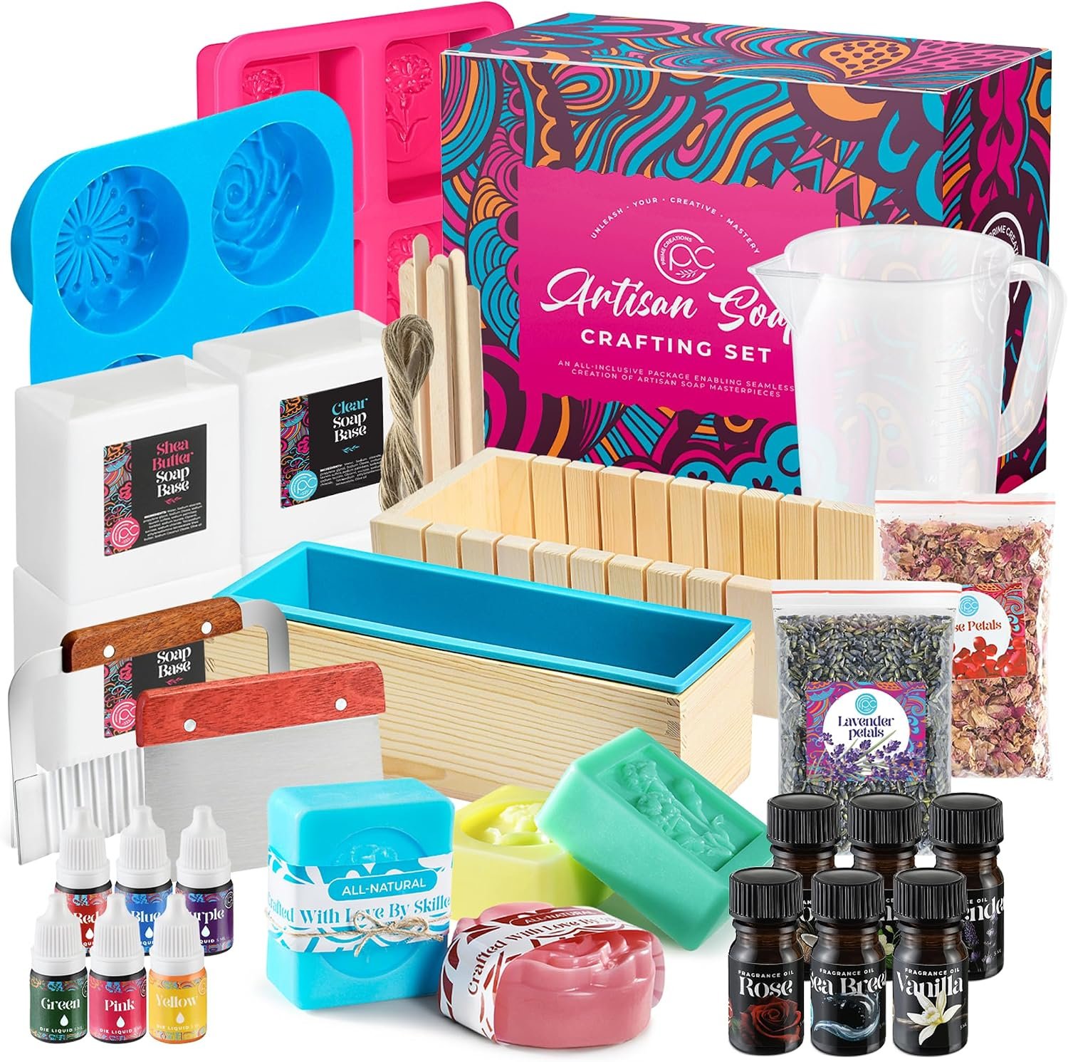 Soap Making Kit with Melt & Pour Base, Cutting Box, Molds, Fragrances – for Adults & Kids by Prime Creations.