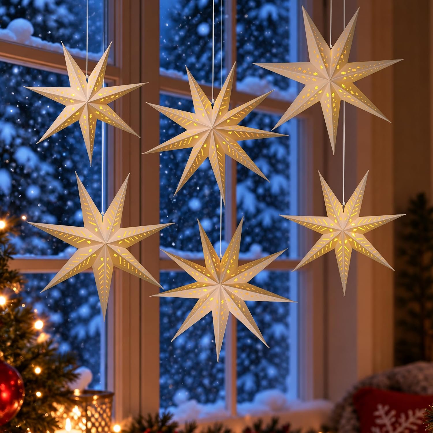 Paper Star Lanterns with Lights, Christmas Hanging Decoration, 6-Pack