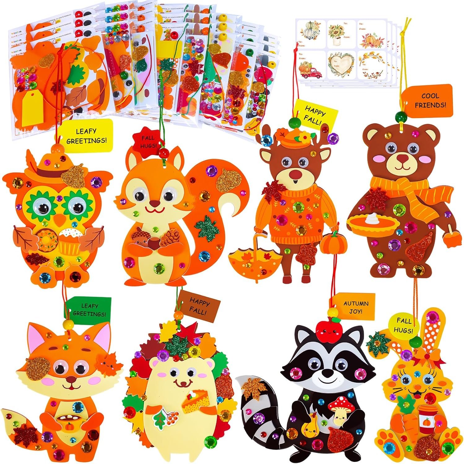 Winlyn 24 Sets 8 Designs Fall Crafts Kits Thanksgiving Crafts DIY Woodland Animal Ornaments Decorations Art Sets Self-Adhesive Foam Stickers Art and Crafts for Kids Classroom Activities Party Favors