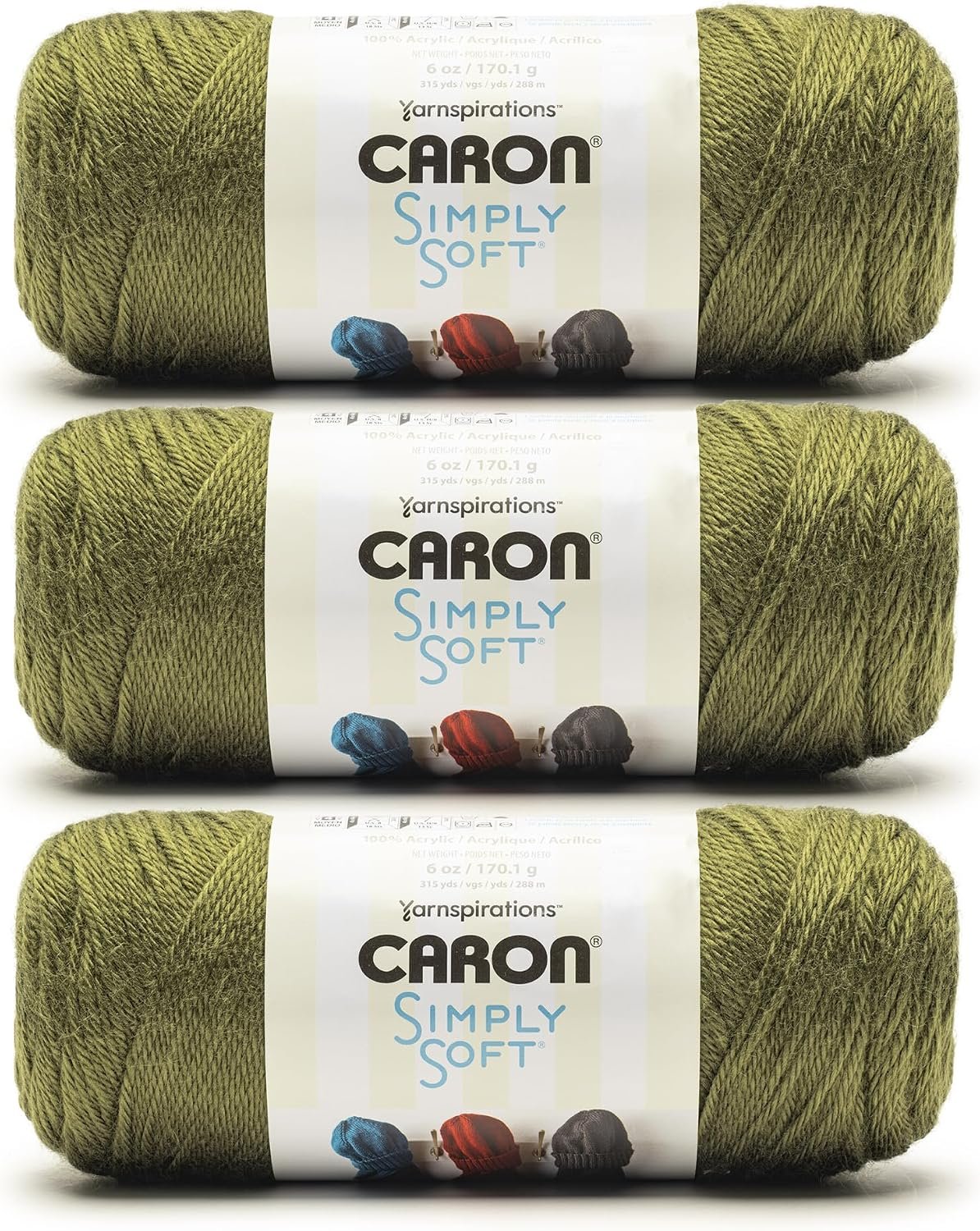 Caron Simply Soft Yarn for Crocheting & Knitting, Army Green, 3-Pack