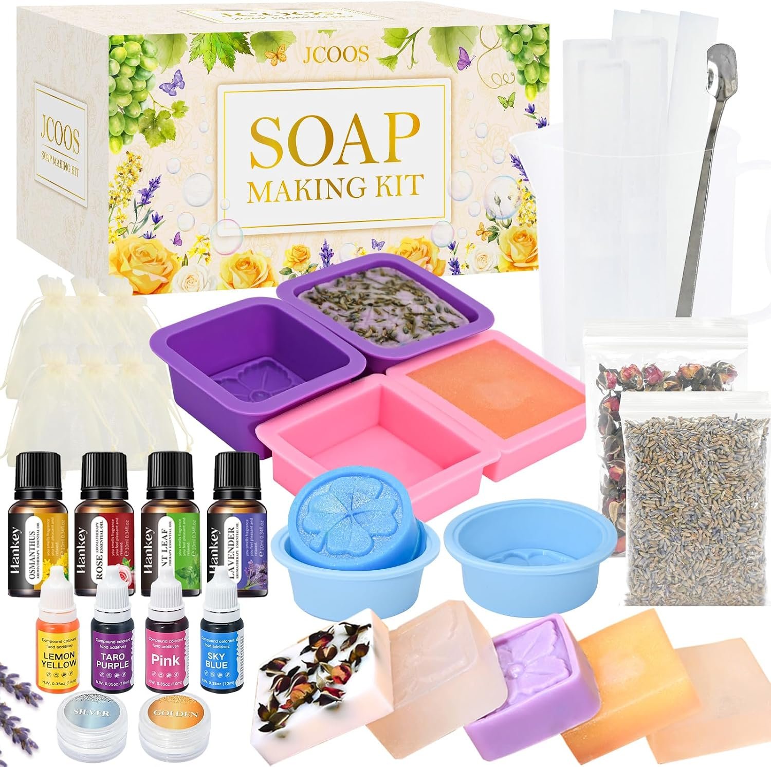 Jcoos Soap Making Kit, Soap Making Kit for Adults Teens & Beginners, Soap Making Supplies with Soap Base, Soap Mold, Soap Colorant, Fragrances, Dried Flowers, Glitter – Easy and Fun Craft DIY Kits
