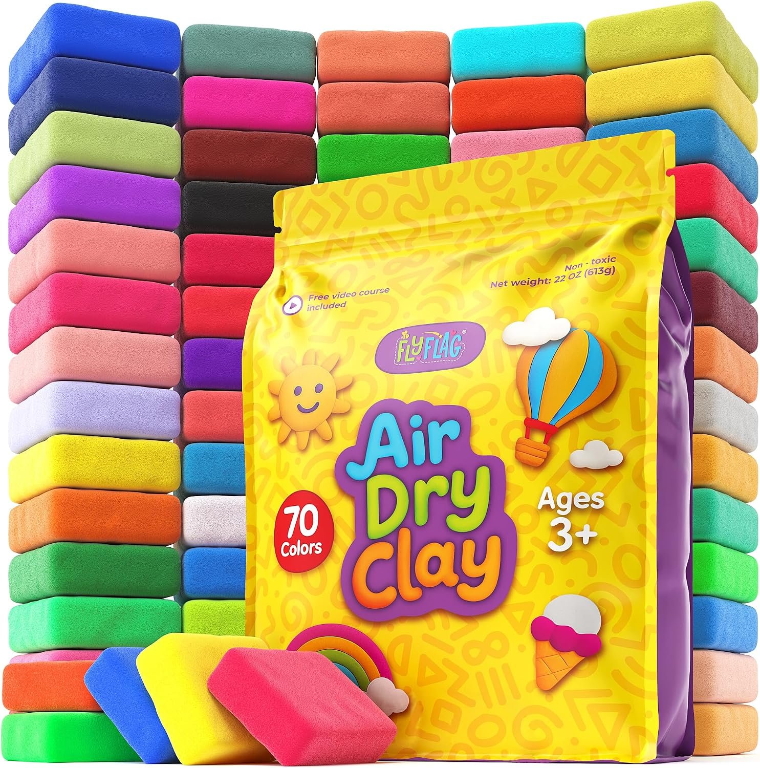 FlyFlag Air Dry Clay – 70 Colors, Ultra Light and Soft, Non-Toxic Modeling Clay for Kids with Tools and Tutorials, for Creative Play and Learning