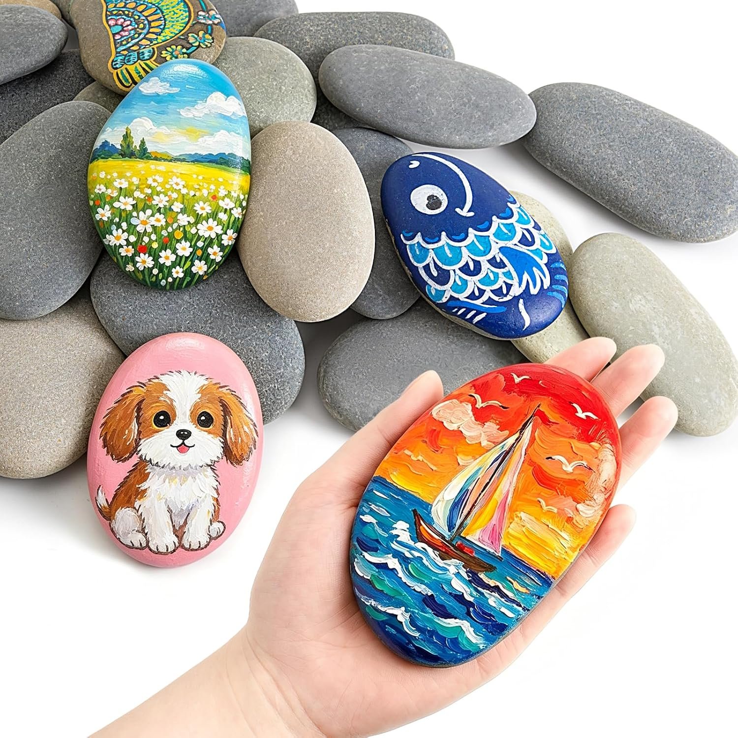 Simetufy 15 Pcs Large Rocks for Painting, 4-5 Inch River Rocks Painting
