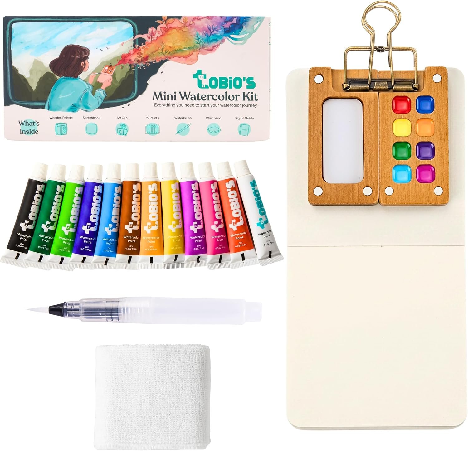 Tobios Mini Watercolor Kit, Travel Watercolor Set, Brush & Sketchbook